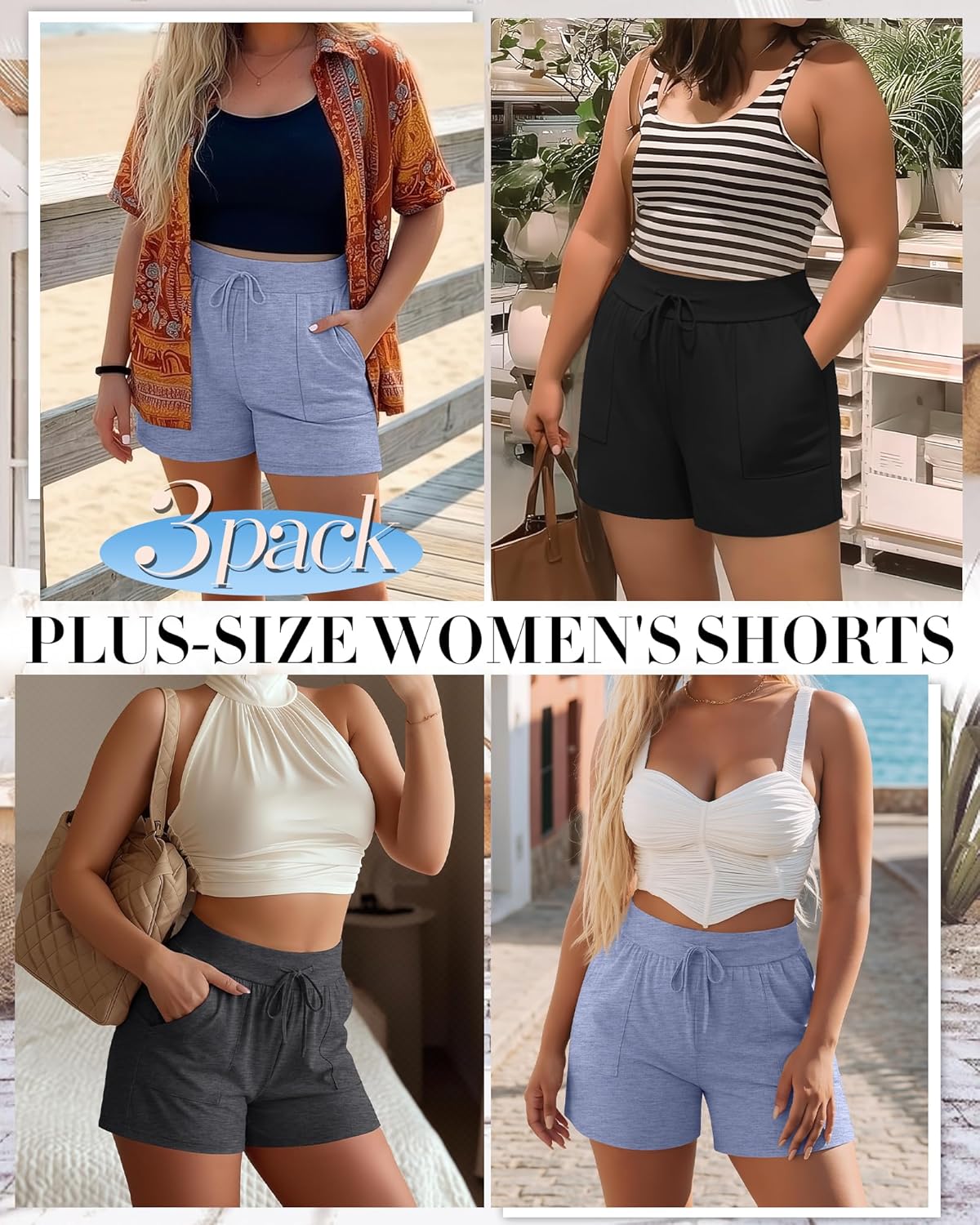 3 Pack Women's Plus Size Shorts, Drawstring Sweat Shorts Loose Lounge Running Athletic Shorts with Pockets - Image 2