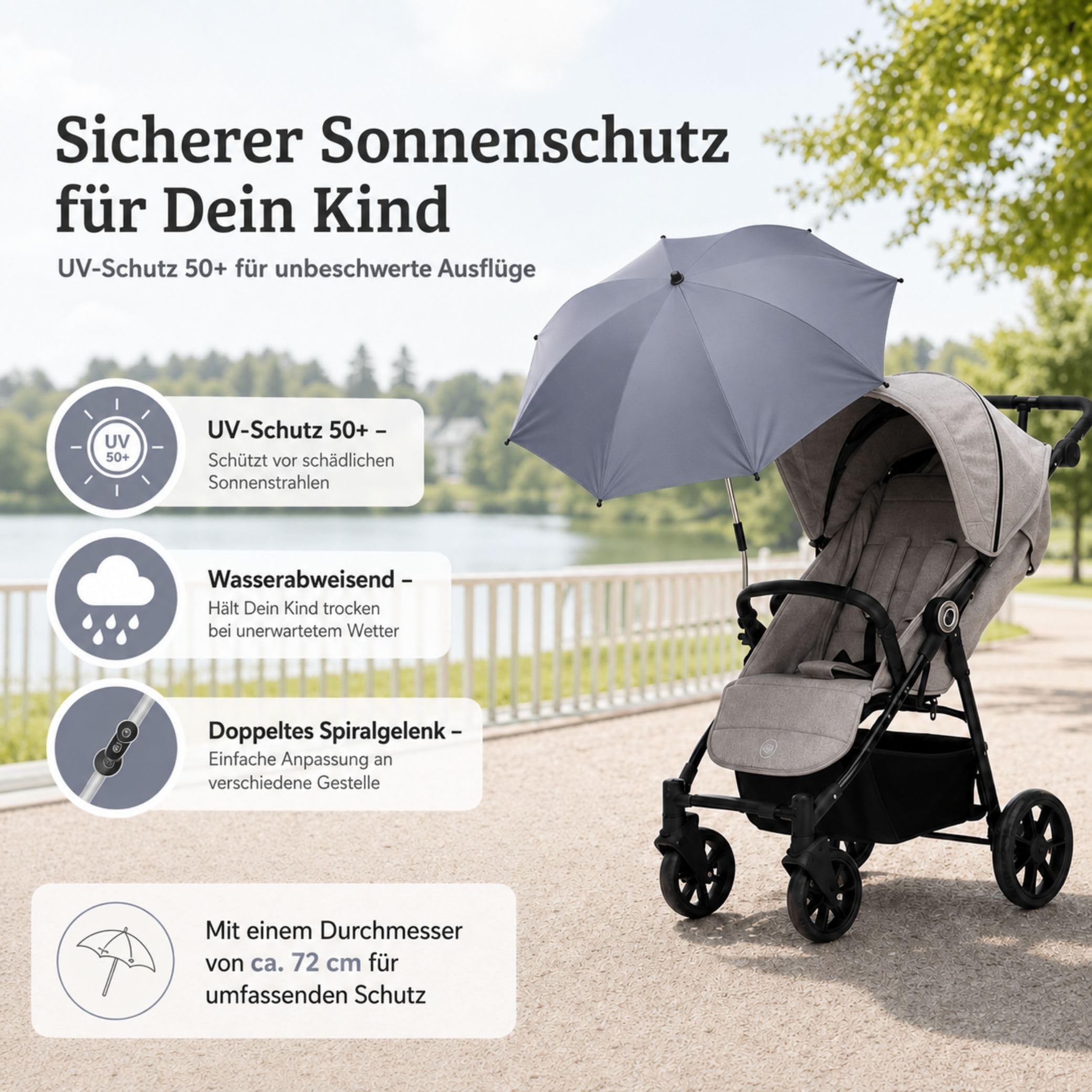 Fillikid Sonnenschirm Exklusiv für Kinderwagen & Buggys | Stilvoller Sonnenschutz für kleine Entdecker | UV-Schutz 50+, wasserabweisend, trendiges Design & einfache Montage | 72 cm Durchmesser