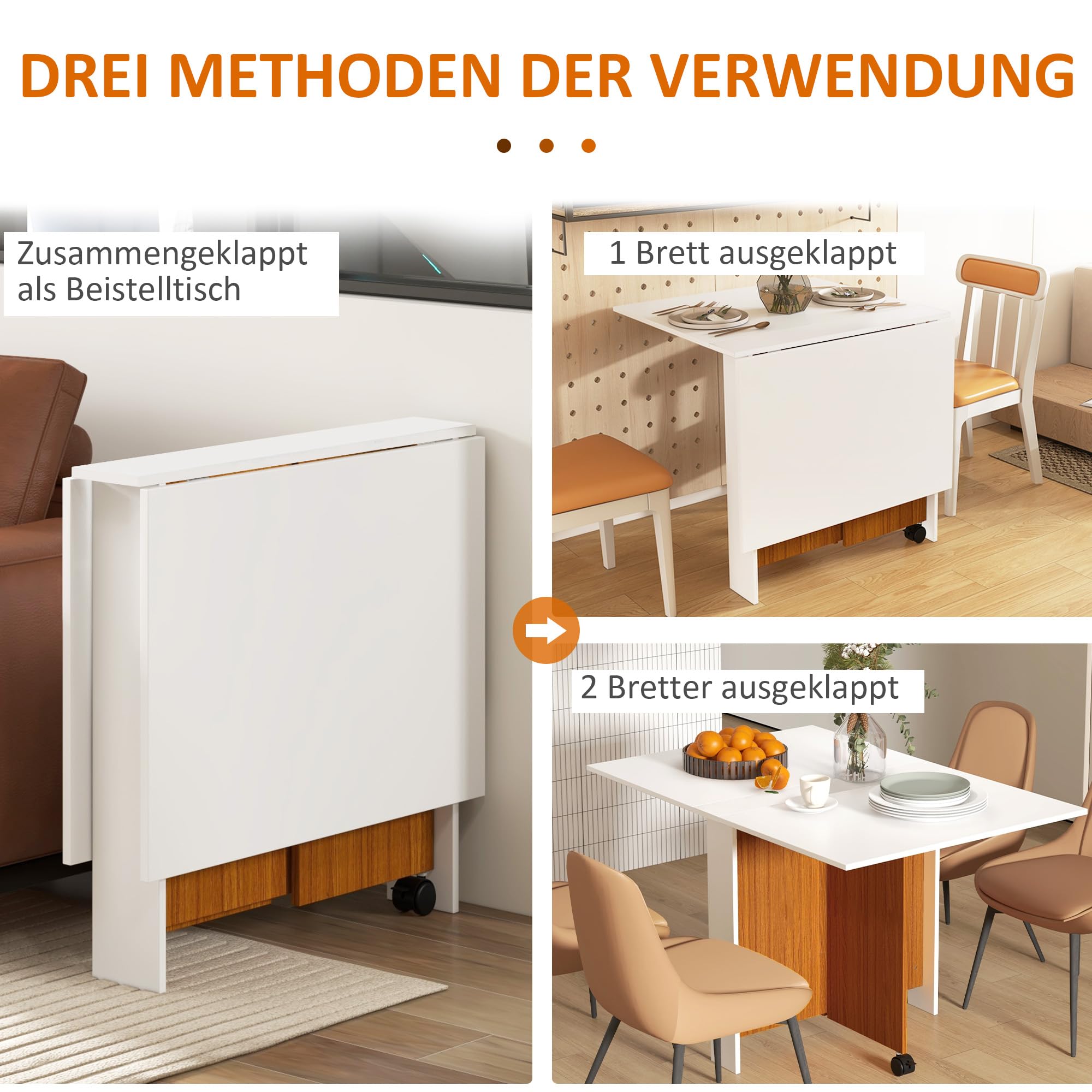 HOMCOM Klapptisch Esstisch mit Klappbarer Arbeitsplatte mit Rollen Weiß