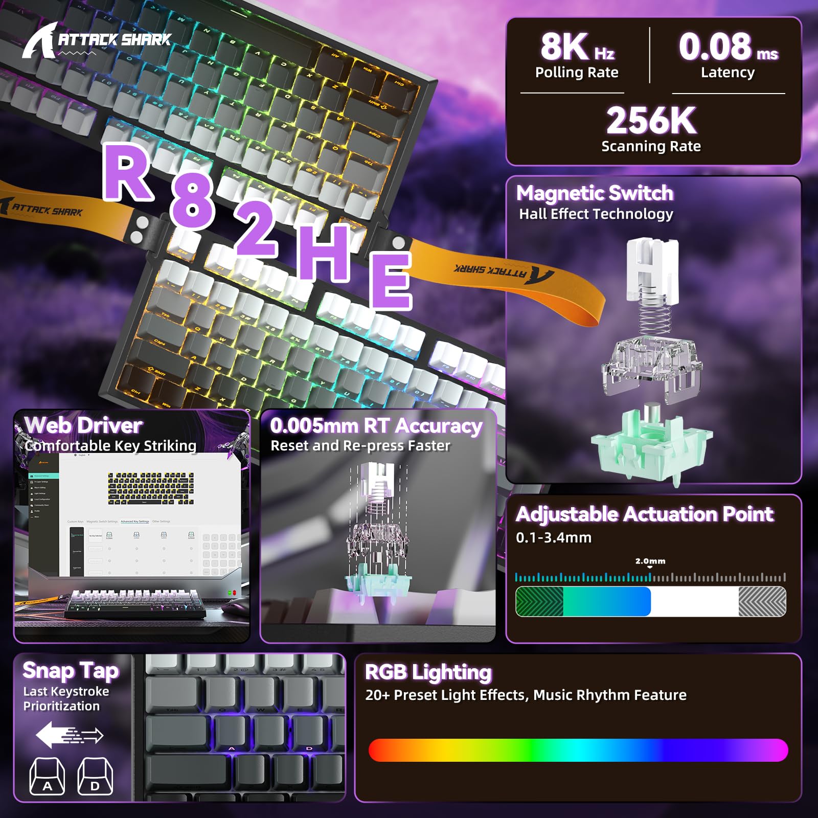 ATTACK SHARK Klawiatura Rapid Trigger R82 HE 8000 Hz, dokładność 0,005 mm RT, przewodowa klawiatura RGB 75% do gier z przełącznikami magnetycznymi, regulowane uruchamianie, Snap Tap, do PC/Mac, noc