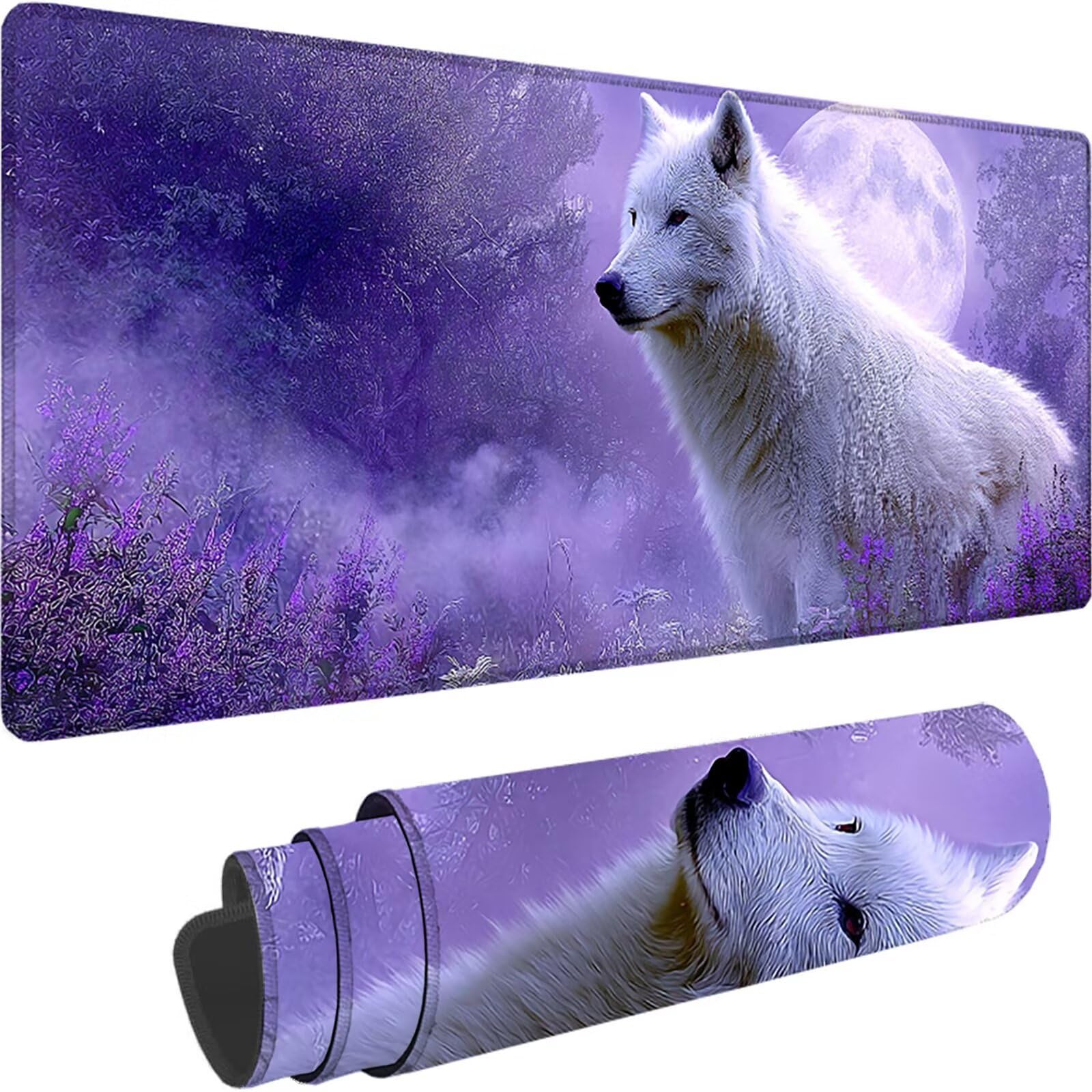 Tappetino Mouse Gaming Viola Tappetino Mouse XXL 1000x500x3 mm, Wolf Mousepad Accessori Gaming con Bordi Cuciti, Sottomano Scrivania Migliorare la Precisione e la Velocità per Giocatori, Regalo w-6374