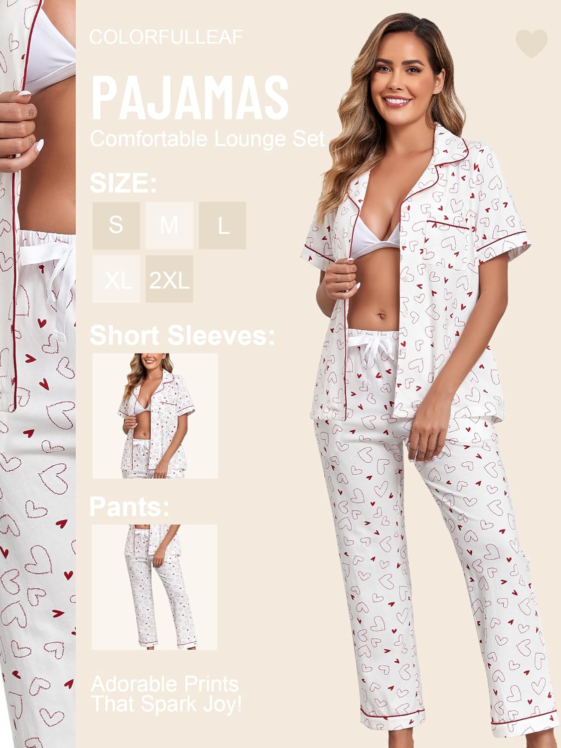 COLORFULLEAF Women‘s 100% Cotton Pajama Set Button-Down Printed Sleepwear 2-Piece PJs with Short Sleeve Top & Long Pants - Image 4