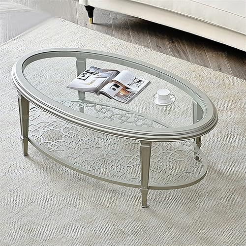 Miniatura 5 de BNNP Mesa de té para sala de estar mesa de centro de cristal mesa de centro ovalada de 2 niveles parte superior de vidrio templado y estantes