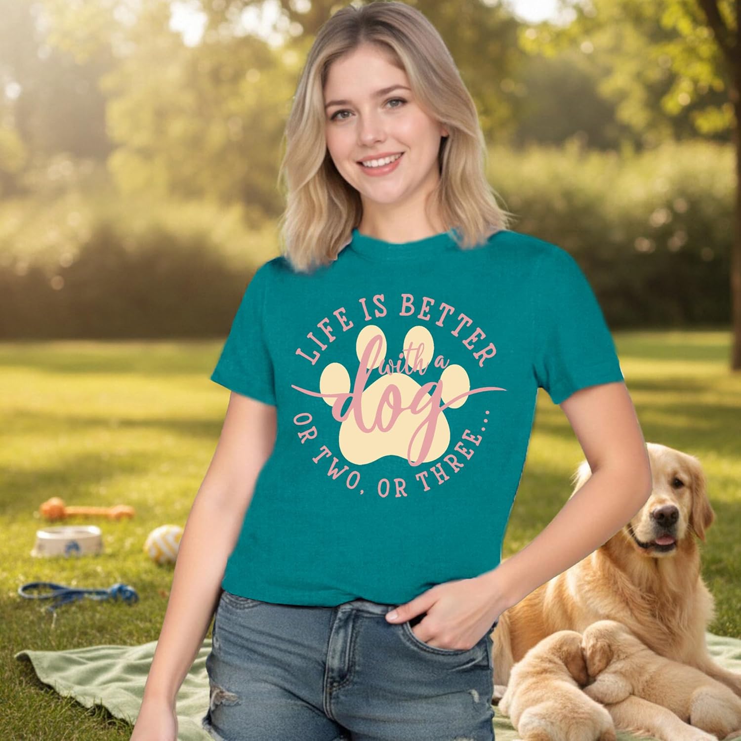 Dog Shirts for Women Dogs Mom Shirt Pet Paw Lover Tees Life is Better with a Dog Short Sleeves - Image 3