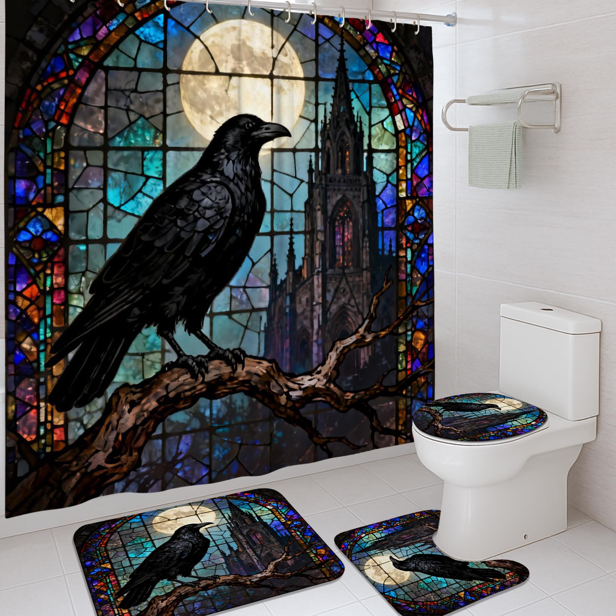 Rideau de douche mystérieuse lune gothique en polyester imperméable corbeau noir 183x183cm