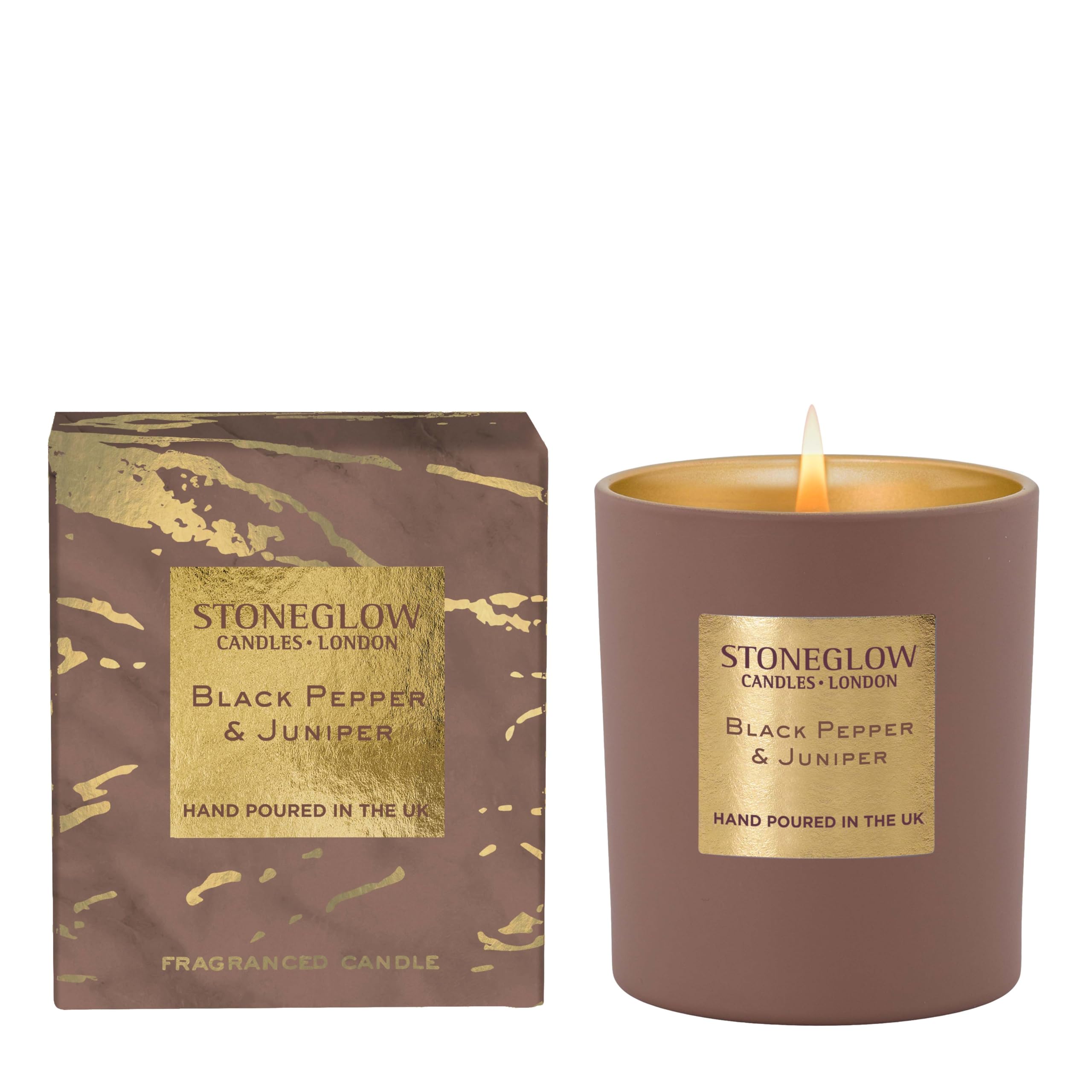 Stoneglow Luna Collection - Black Pepper & Juniper 220 Grams Scented Candle Beige & Gold