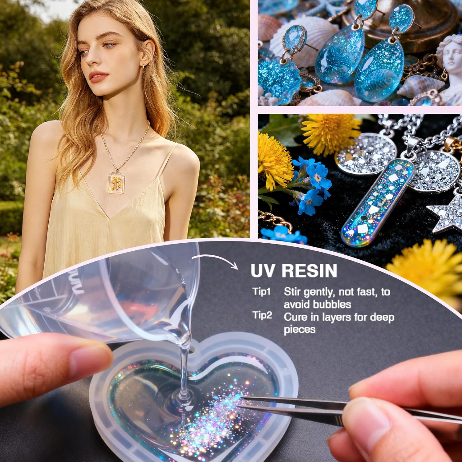 UV Resin Jewelry Making Kit, 300 PCS All-in one Crystal Clear UV Resin Kit, UV Resin Molds, DIY Resin Starter Kit for Keychain and Earring (250, Grams)