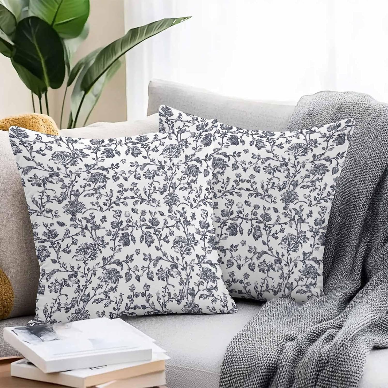 Dark Blue Flowers Outdoor Waterproof Pillow Covers, Pastoral Vintage Farmhouse Leaf Spring Decorative Square Throw Pillowcase Sofa Cushion Sham for Patio/Couch/Chair, 26"x26" 2 Pack