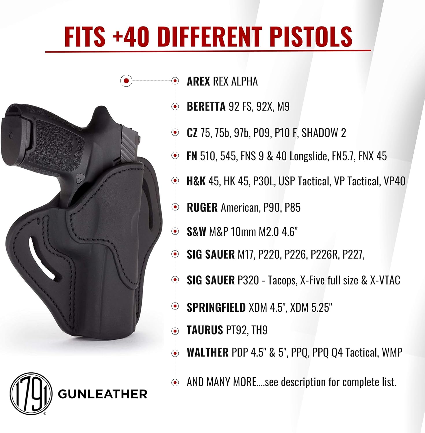 1791 GUNLEATHER P320 Holster, Right Hand OWB Leather Gun Holster for Belts. Compatible with SP2022, P227, HK P30, VP40 and Most Large Frame Pistols