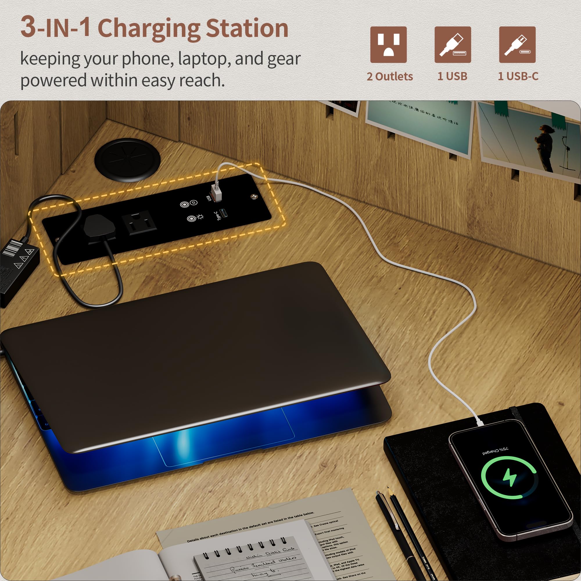 Gurexl Biurko gamingowe w kształcie litery L z płytką perforowaną i lampą przesuwną, biurko narożne z 2 gniazdami wtykowymi i 1 USB, stół w kształcie litery L z oświetleniem LED i 10-stopniowymi