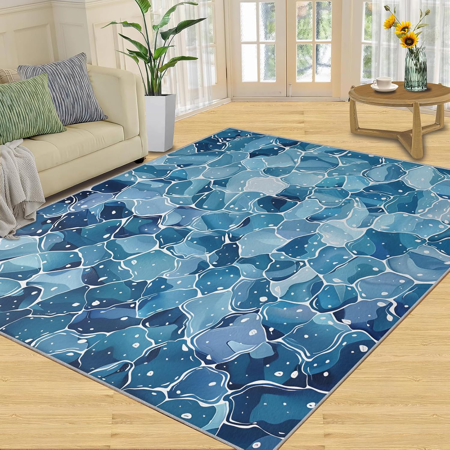Blue Wave Pattern 3 x 2 Washable Rugs, Swimming Pool Texture Living Room Area Rugs, Abstract Art Non Slip Carpet, Rug for Bedroom Dining Room Kitchen