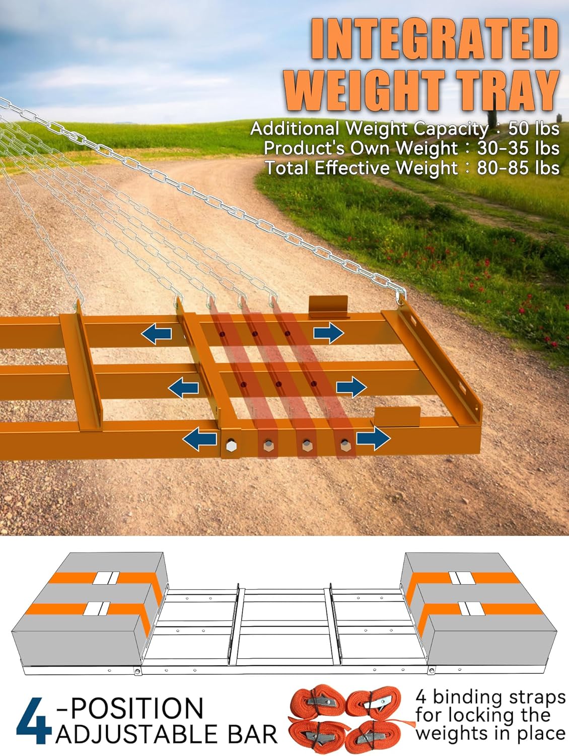 4ft Heavy Duty Drag Harrow for ATV, UTV, Tractor - Adjustable Tow Behind Leveling Rake with Weight Tray for Driveway Grader, Lawn, Field, Pasture, Food Plot Maintenance​, Orange(48 inch)