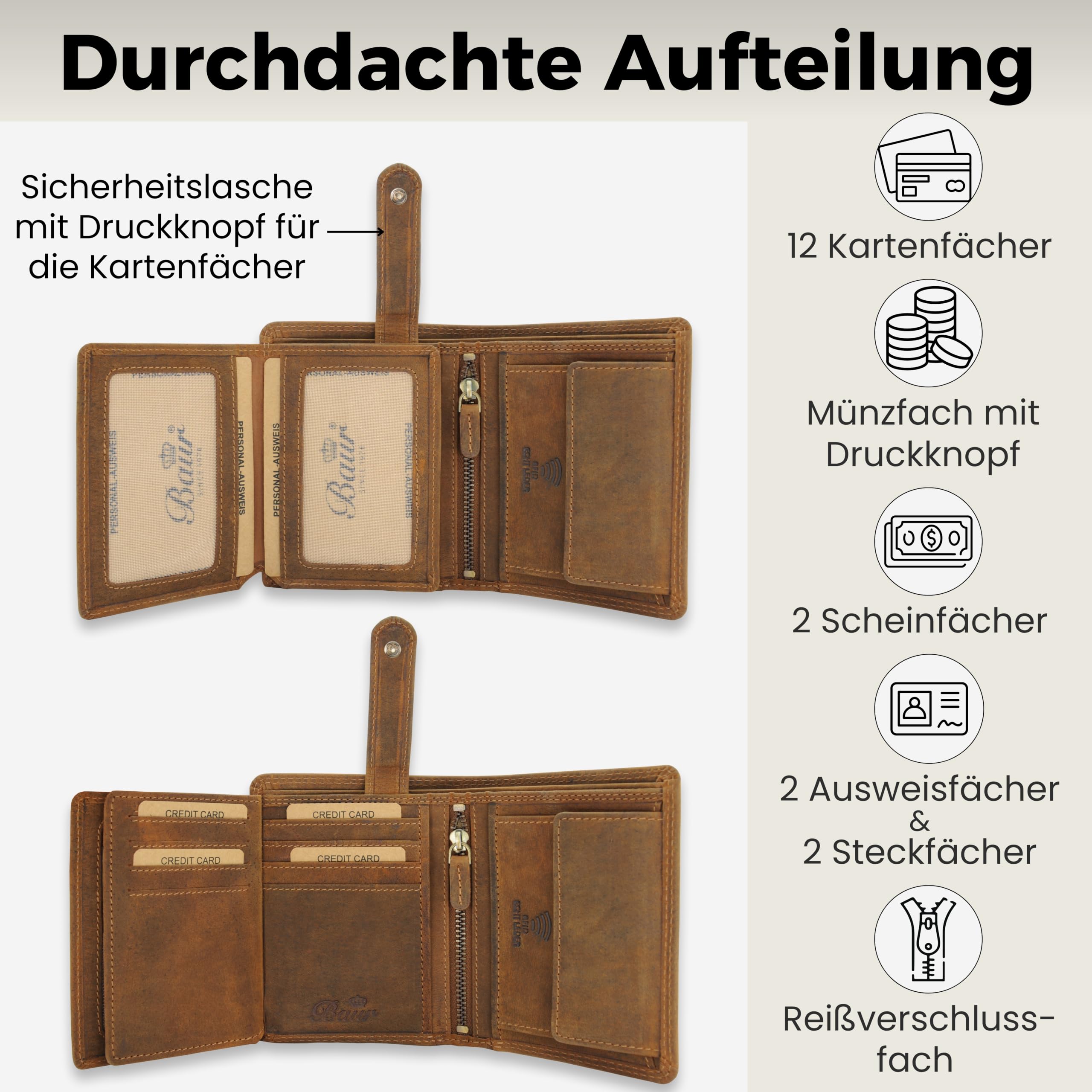Baur Herren Geldbörse – Echtes Büffelleder mit RFID-Schutz – Großes Vollleder-Portemonnaie im Hochformat mit 12 Kartenfächern und großem Münzfach (Hochformat mit Druckknopf innen, Braun)