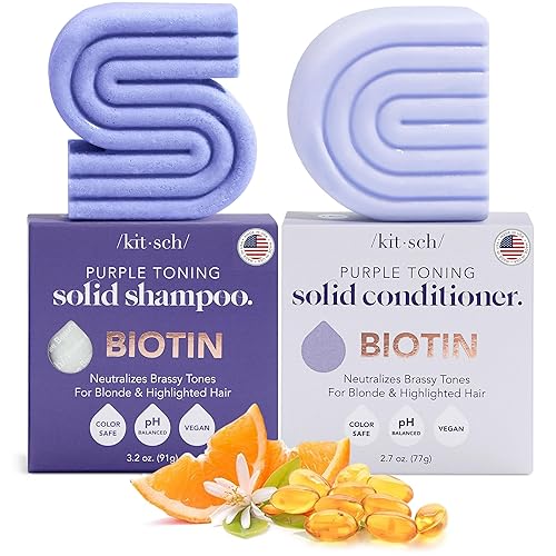 Kitsch Set de champú y acondicionador en barra tonificante púrpura para rubias y cabello teñido – con biotina para fortalecer y neutralizar los