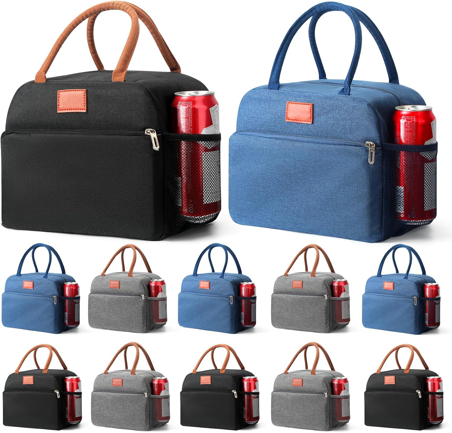 12 Pack Lunch Box Lunch Bag for Women Adults Men, Reusable Lunch Pail bag - Leakproof, Insulated Lunch Box Tote with Large Capacity, Cooler Lunch Container for Work/Travel/Office (Black & Grey & Blue)