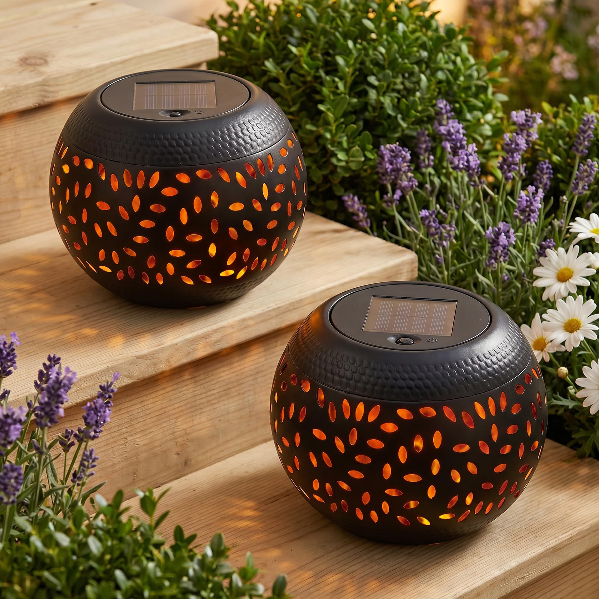 pearlstar Solar Table Lantern Outdoor Waterproof- 2 Pack Dancing Flickering Flame Light，Black Metal Decorative Lamp Auto On/Off Lighting Dusk to Dawn for Desk Patio Garden Pathway Yard, Black-2PACK