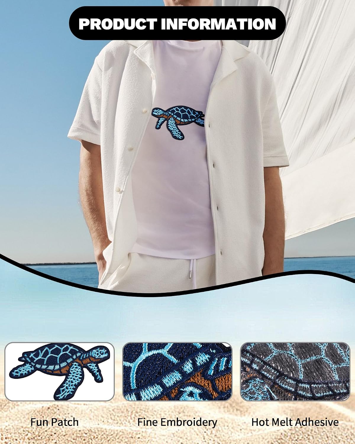 3PCS 3.6 Inch Sea Turtle Embroidered Ocean Animals Iron On Patches for Clothing Hats Bags Dresses Backpacks Jeans T-Shirts