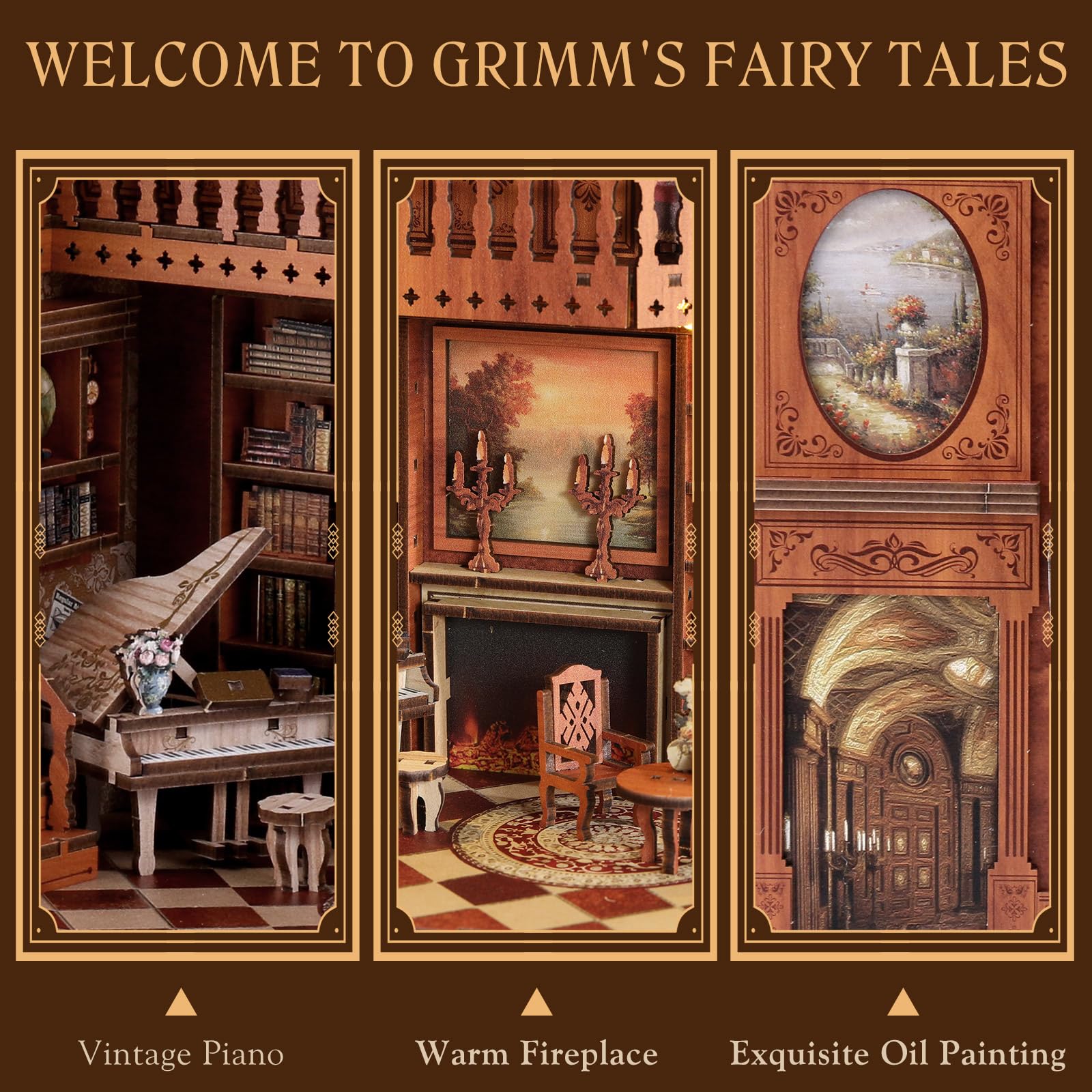 MoKo Kit Coin Lecture, Puzzle 3D en Bois Booknook avec Lumières LED, Kit de Maison Miniature à Monter Soi-même, Coin Lecture Cadeaux Décoratifs pour Adultes et Familles, Contes de Grimm