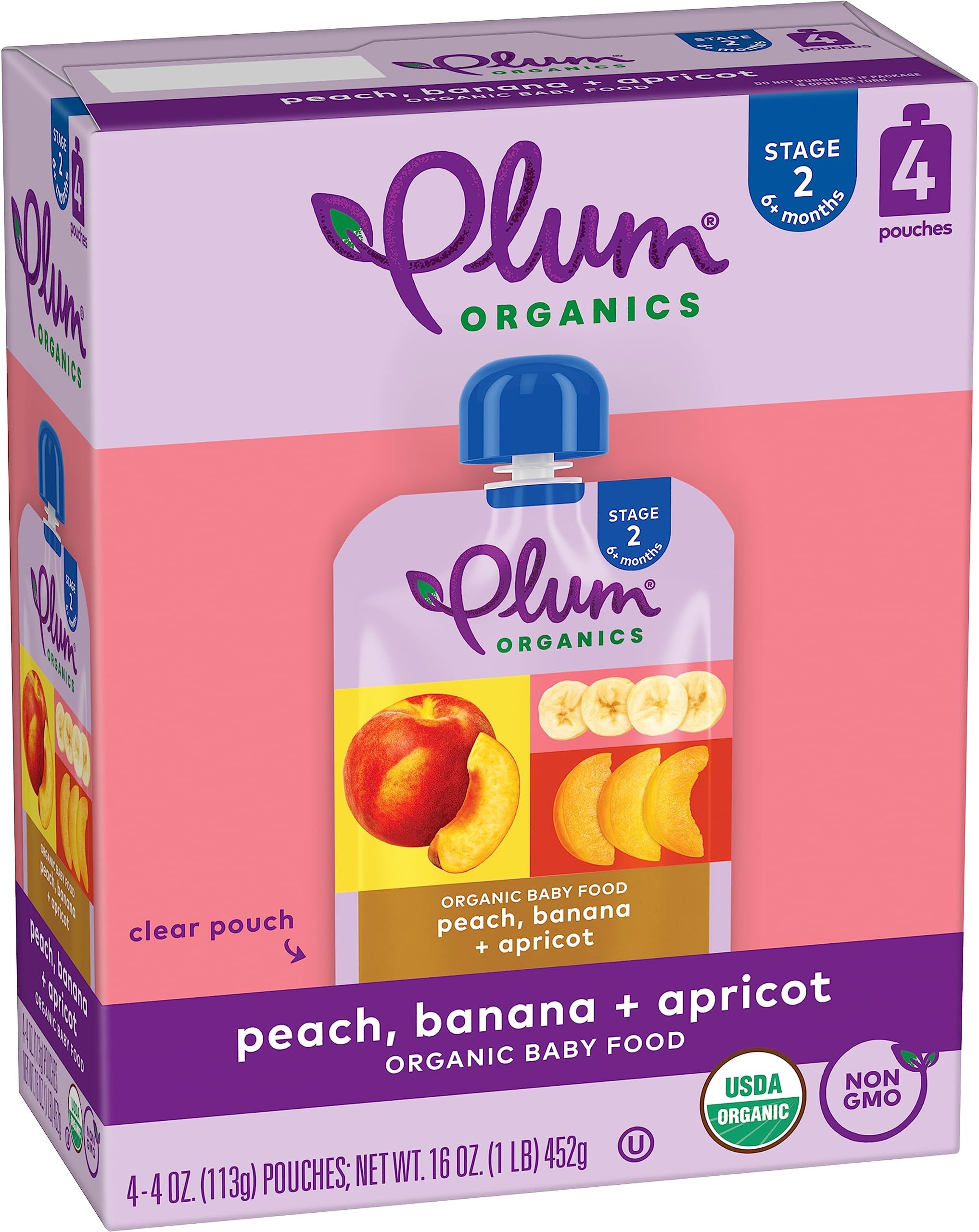 Peach, Banana & Apricot, 6+ Months - Organic Fruit and Veggie Baby Food Pouches, 4 oz Pouch (Pack of 4)