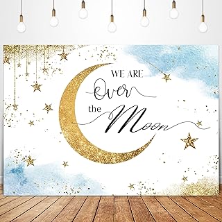 Glawry Over The Moon Baby Shower Backdrop 7Wx5H Feet Boho Blue Watercolor Shinning Stars Gold Dots Celestial Over The Moon Party Decorations Photography Background Photo Booth Studio