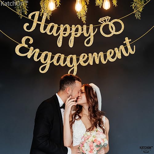 Miniatura 4 de KatchOn, Cartel de compromiso dorado con purpurina y globo de anillo de diamantes, paquete de 2, pancarta de fiesta de compromiso feliz | globos de
