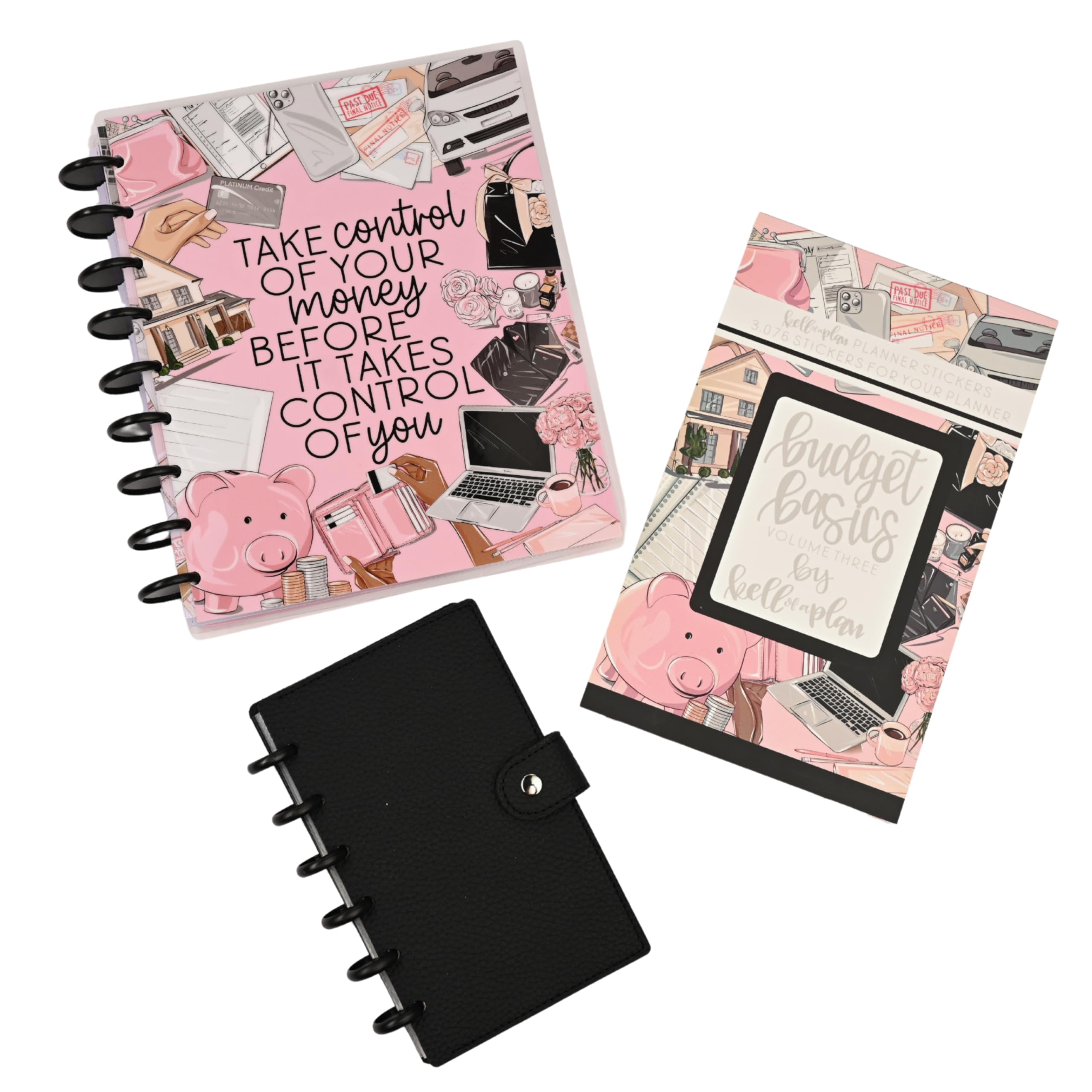 kellofaplan Budget Planner Bundle con Budget Basics Sticker Book e Cash Envelope Notebook, 12 mesi senza data, 15 buste trasparenti per contanti, rilegatura a disco