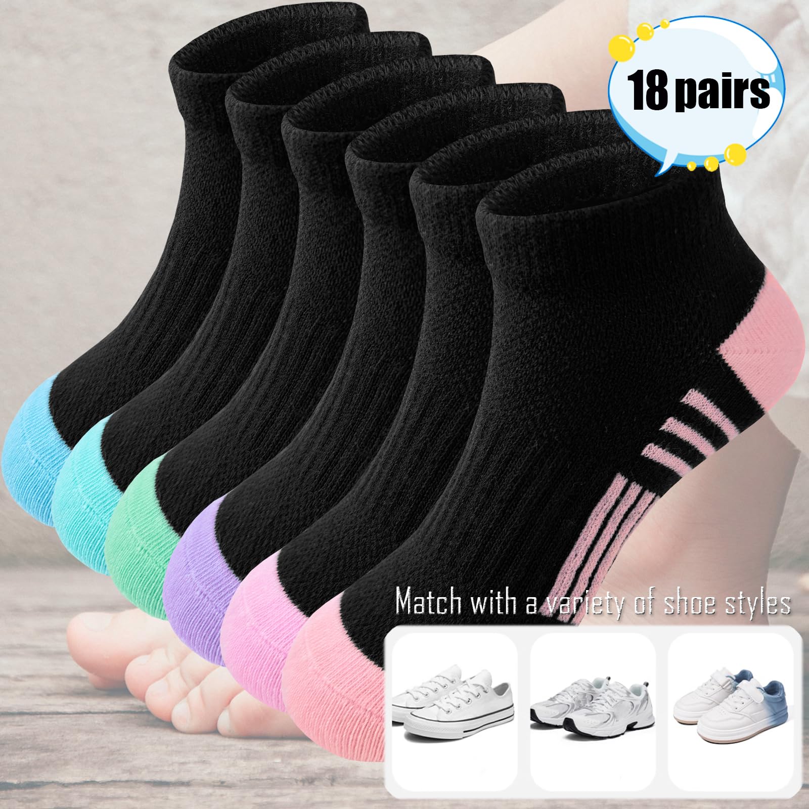 Bemeol 18 pares de calcetines de tobillo para niñas, para correr, atléticos, de corte bajo, para niños pequeños y grandes