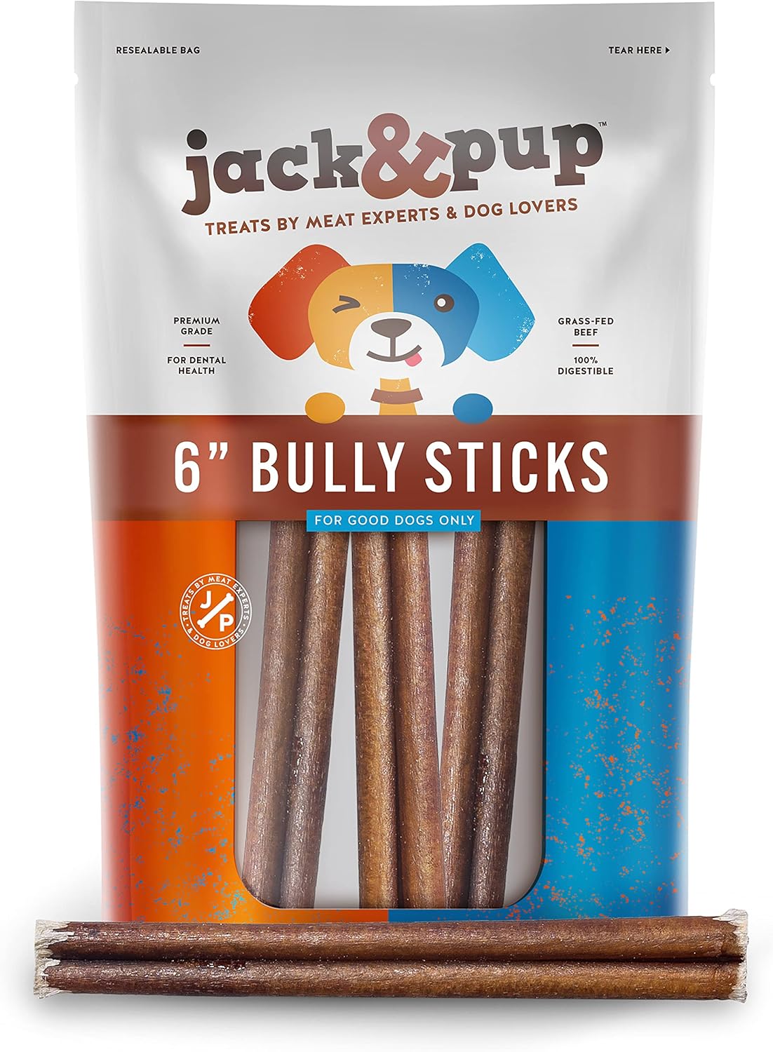 Jack&Pup 6 Inch Thick Bully Sticks for Medium Dogs, Dog Bully Sticks