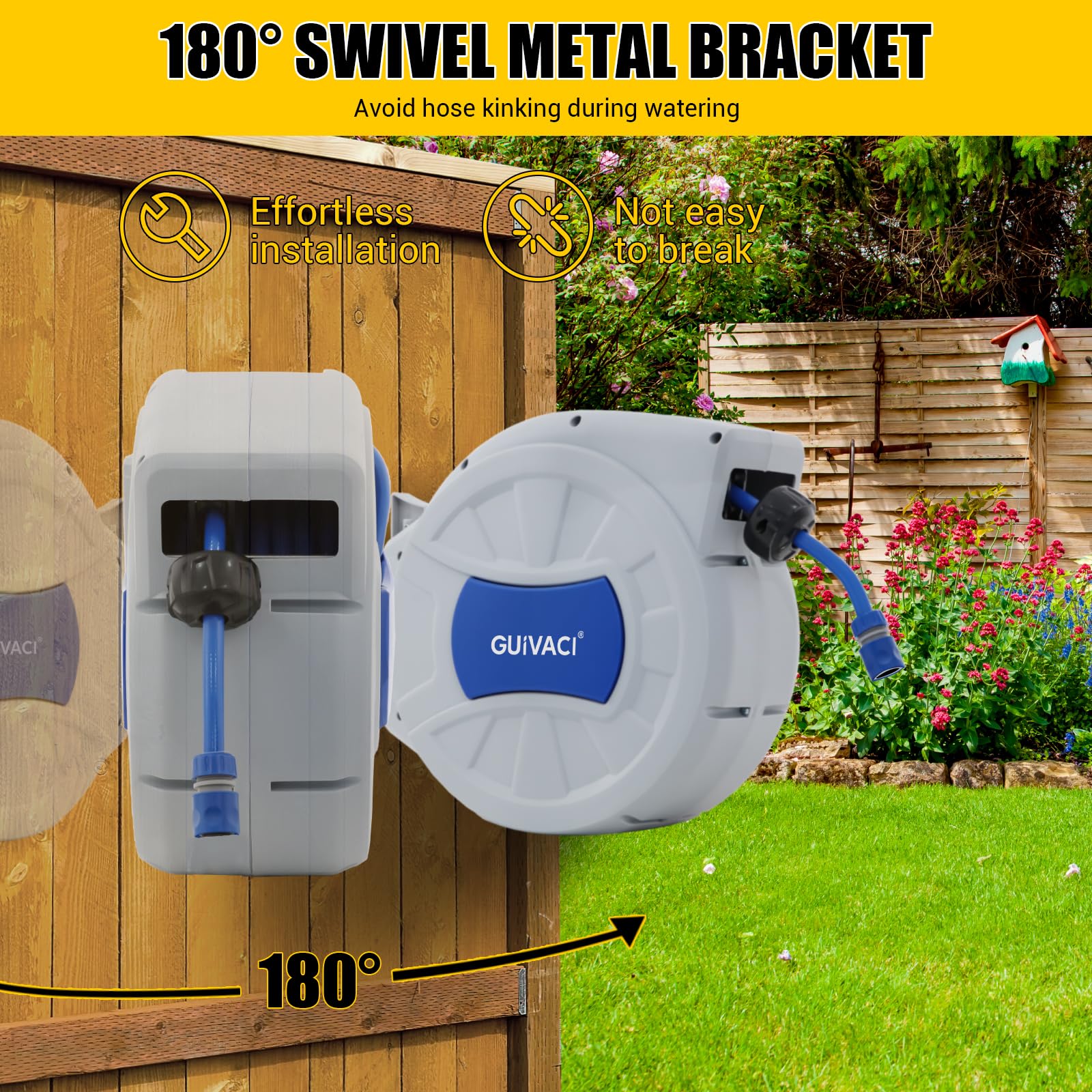 Boîte de tuyau murale de 30 m avec enrouleur automatique - Pistolet pulvérisateur à 8 fonctions, support mural orientable à 180°, pour arrosage du jardin et nettoyage de la voiture