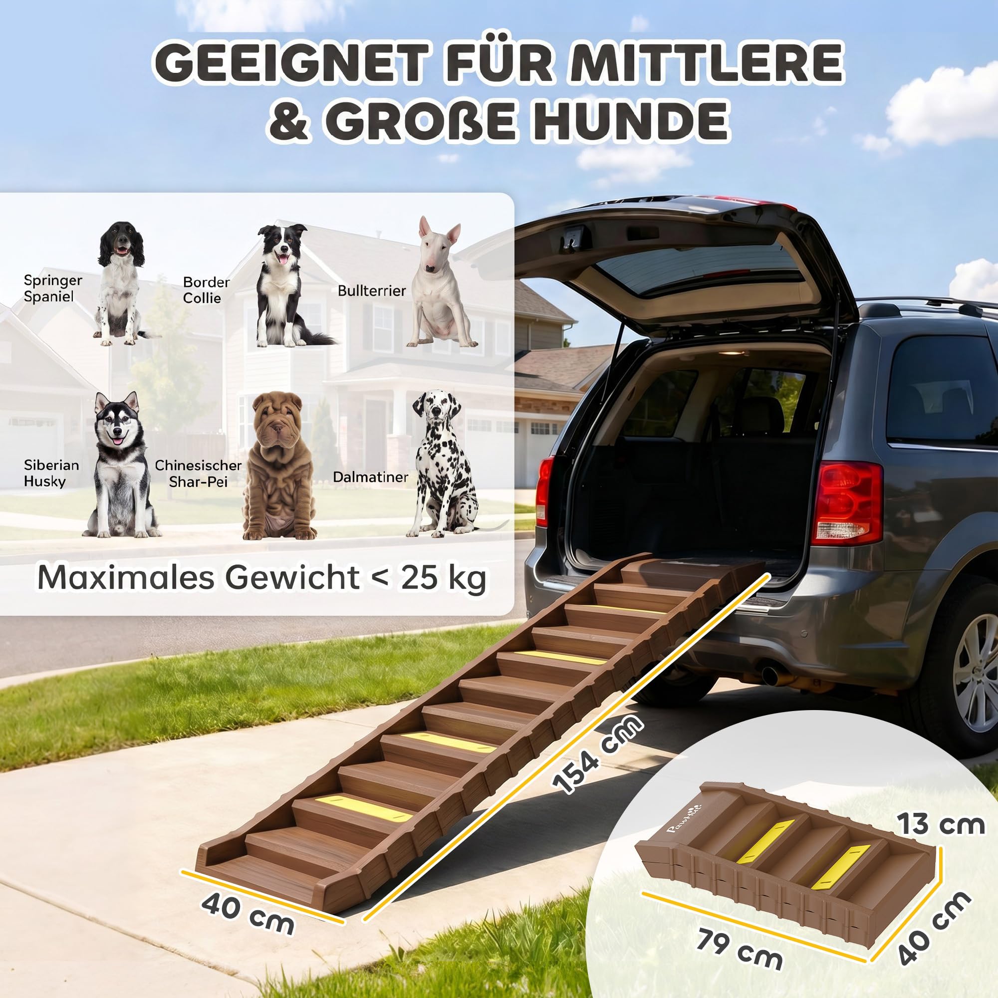PawHut Rampe Pliable Chien Voiture Support lit Haut 25 kg Marron | Escaliers pour chien portables 10 marches avec bandes antidérapantes et coussinets, légers pour SUV/camion