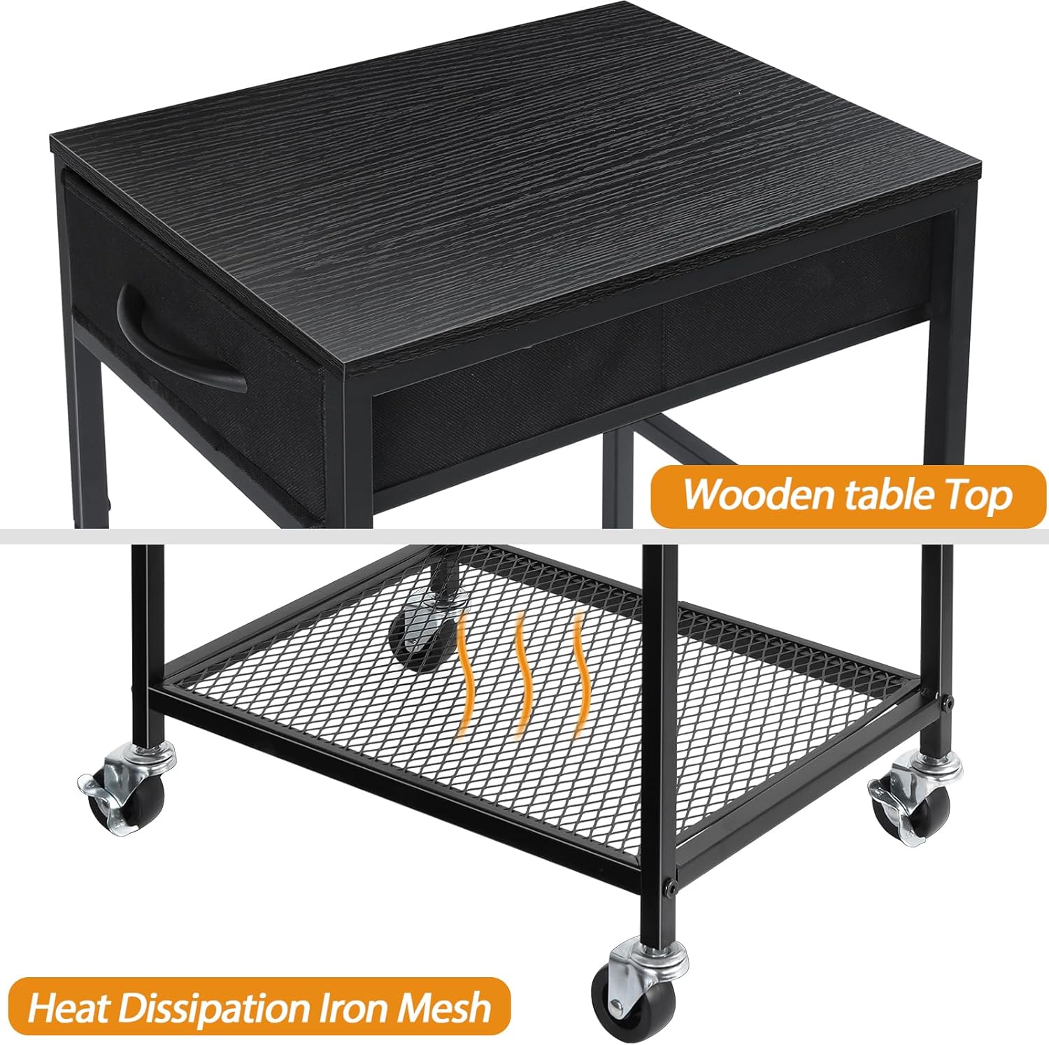 YBING PC Stand 2 Tier Computer Tower Stand with Drawer Mobile Computer Cart with Storage Metal CPU Holder on Wheels Pc Tower Stand Black Rolling Computer Tower Stand Floor for Office