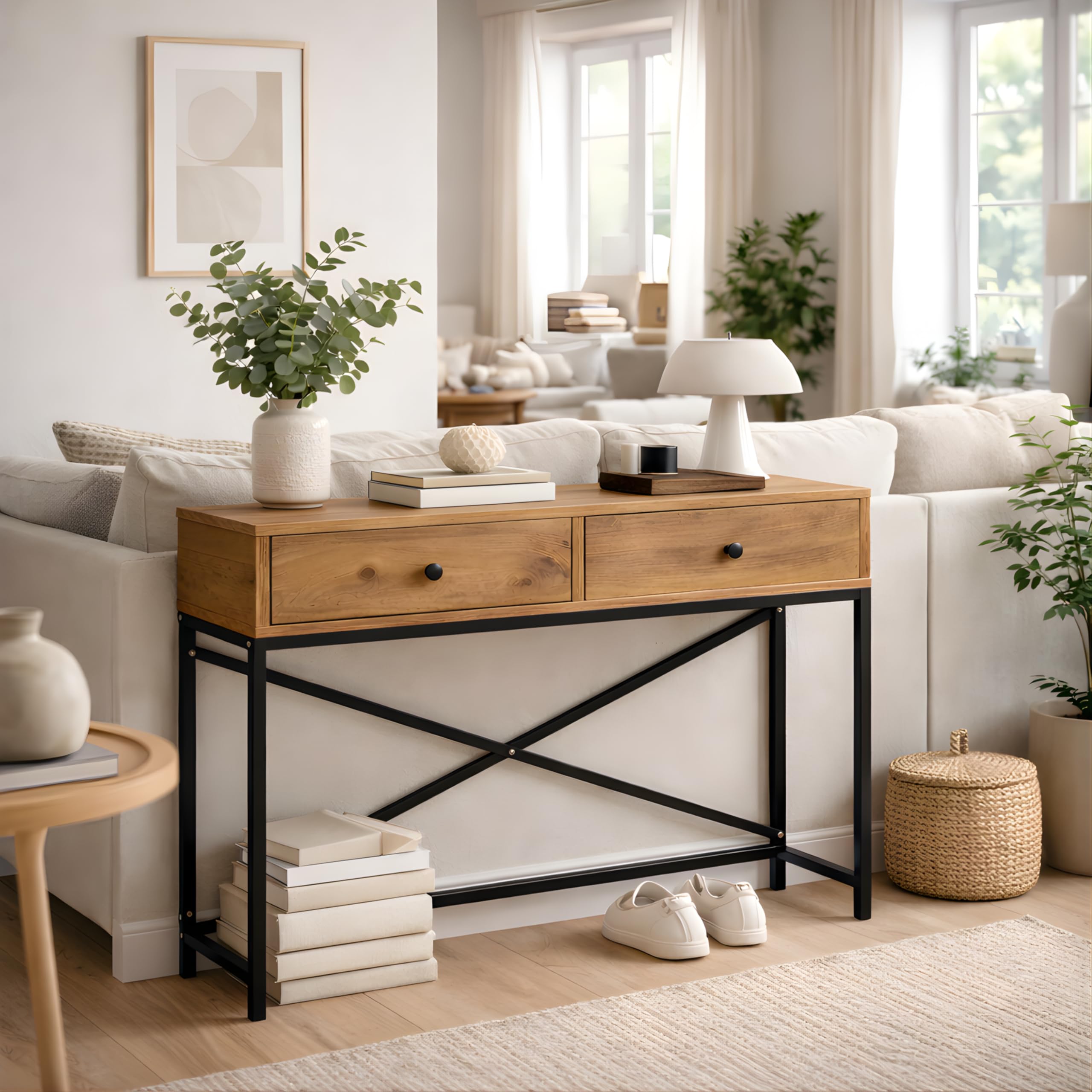 Recibidor Consola Metal y Atlantic Pine con Dos cajones 90 x 32 x 80 cm. Zeus