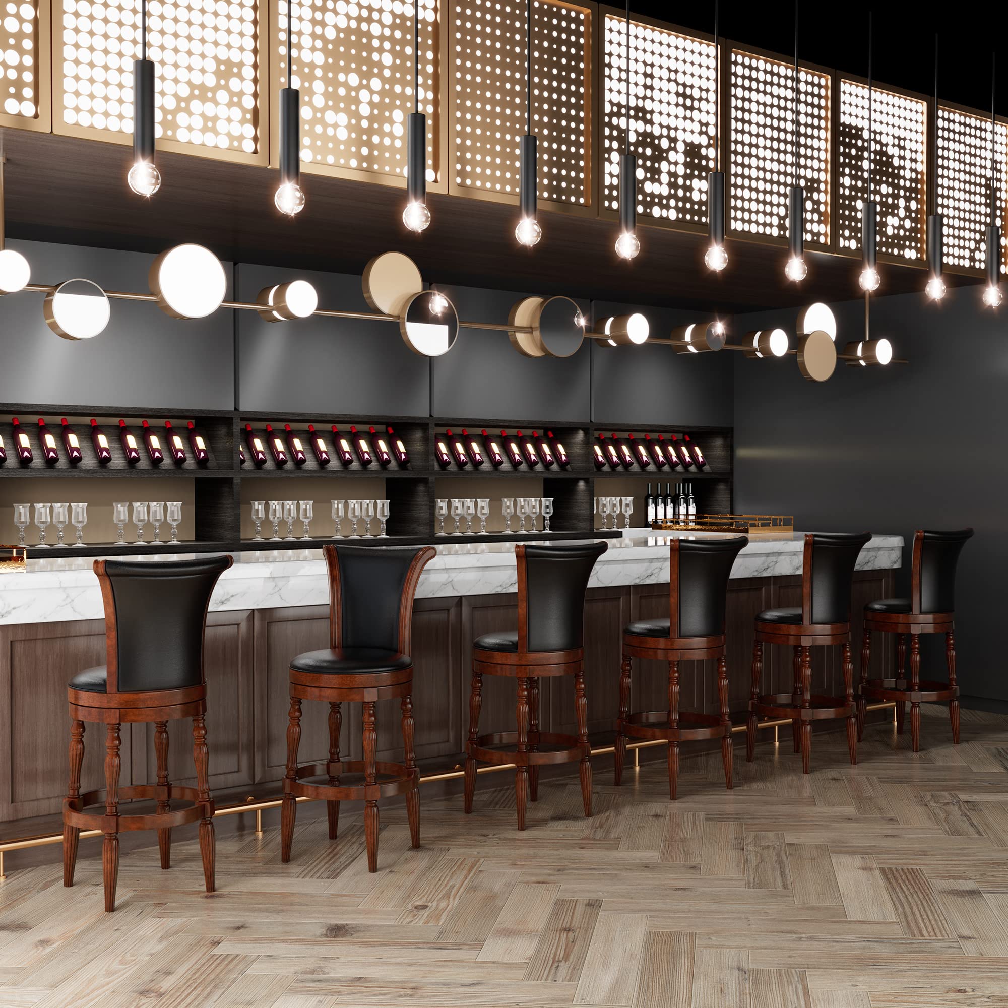 Set of 6 Solid Wood Swivel High Bar Stool, 30 1/8" H Carved 180°Return Traditional Pub Height Stools, Armless Barstool with PU Leather Upholstered