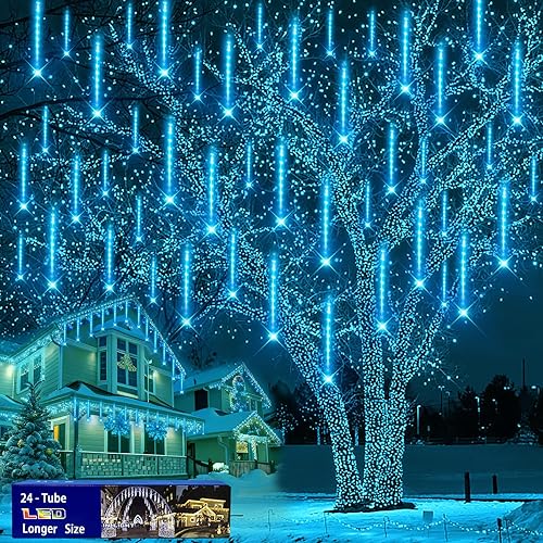 Decoraciones de Navidad para exteriores, 24 tubos de luces de lluvia de meteoritos (igual a 3 juegos de 8 tubos), luces LED de carámbano azul hielo
