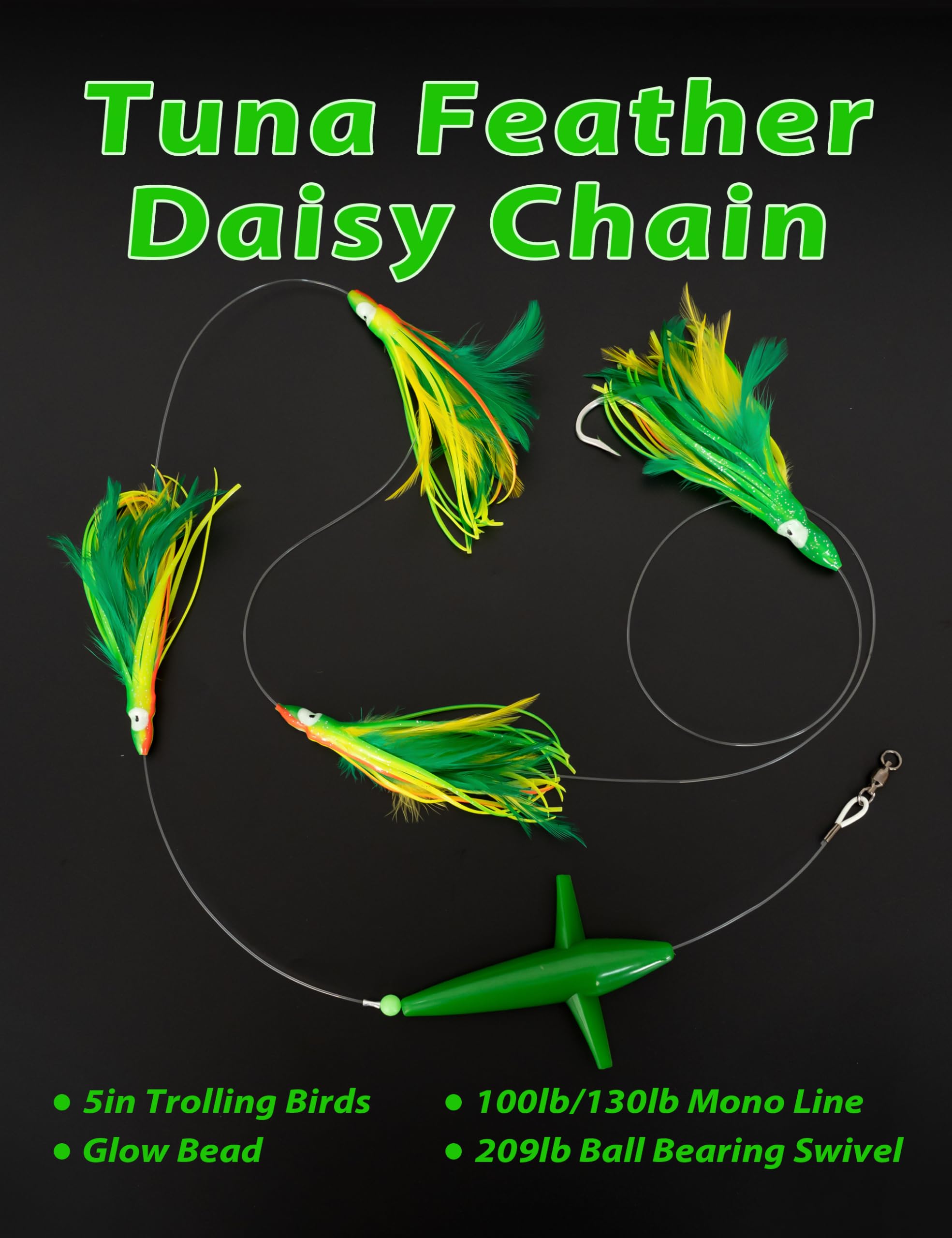 BLUEWING Tuna Feather Daisy Chain Fishing Teaser Lure with 6in Feathered Trolling Squids and Stainless Steel Hook Big Game for Tuna Mahi Wahoo Marlin, Yellow/Green