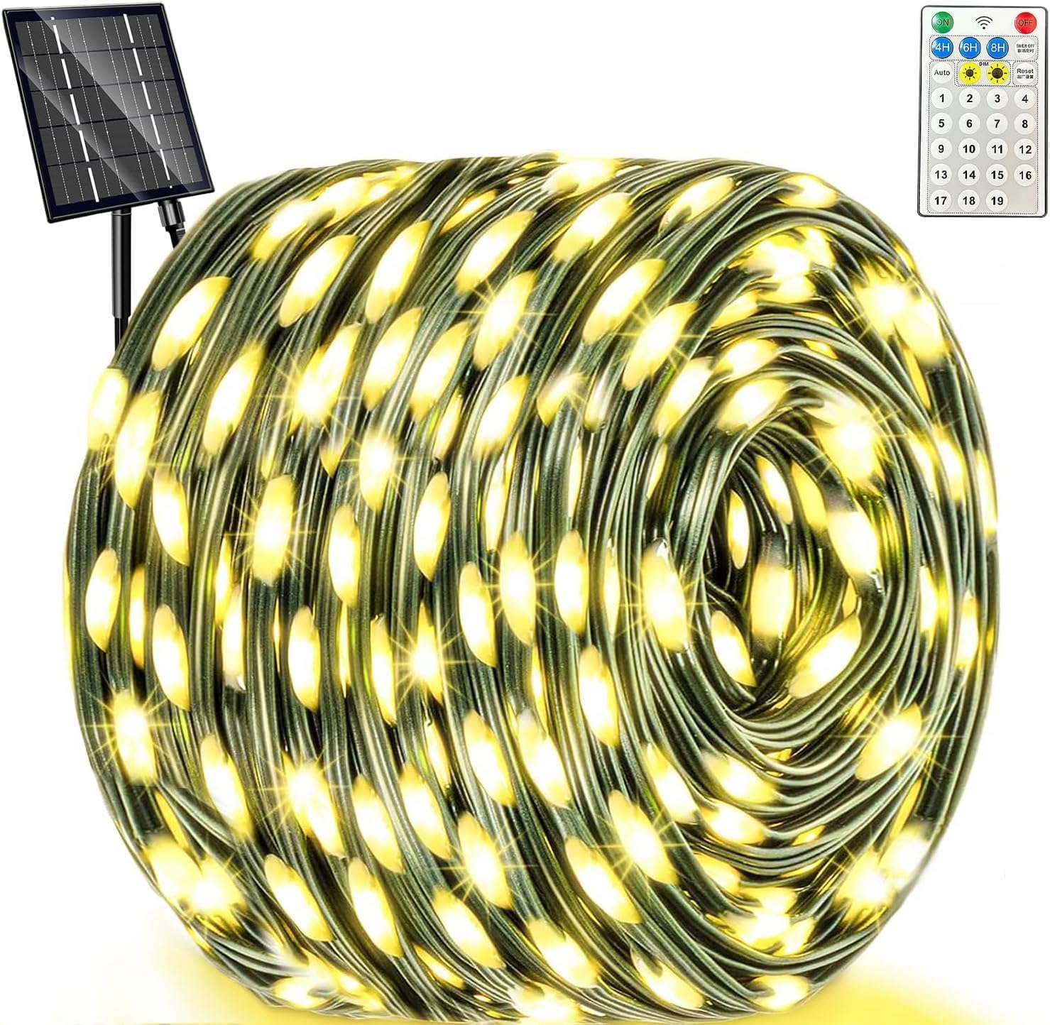 Amzxart Cadena de luces solares para exteriores, 600 LED de 62 m, 19 modos, decoración navideña exterior, IP65, resistente al agua, para balcón, jardín, árbol de Navidad, fiestas (blanco cálido)