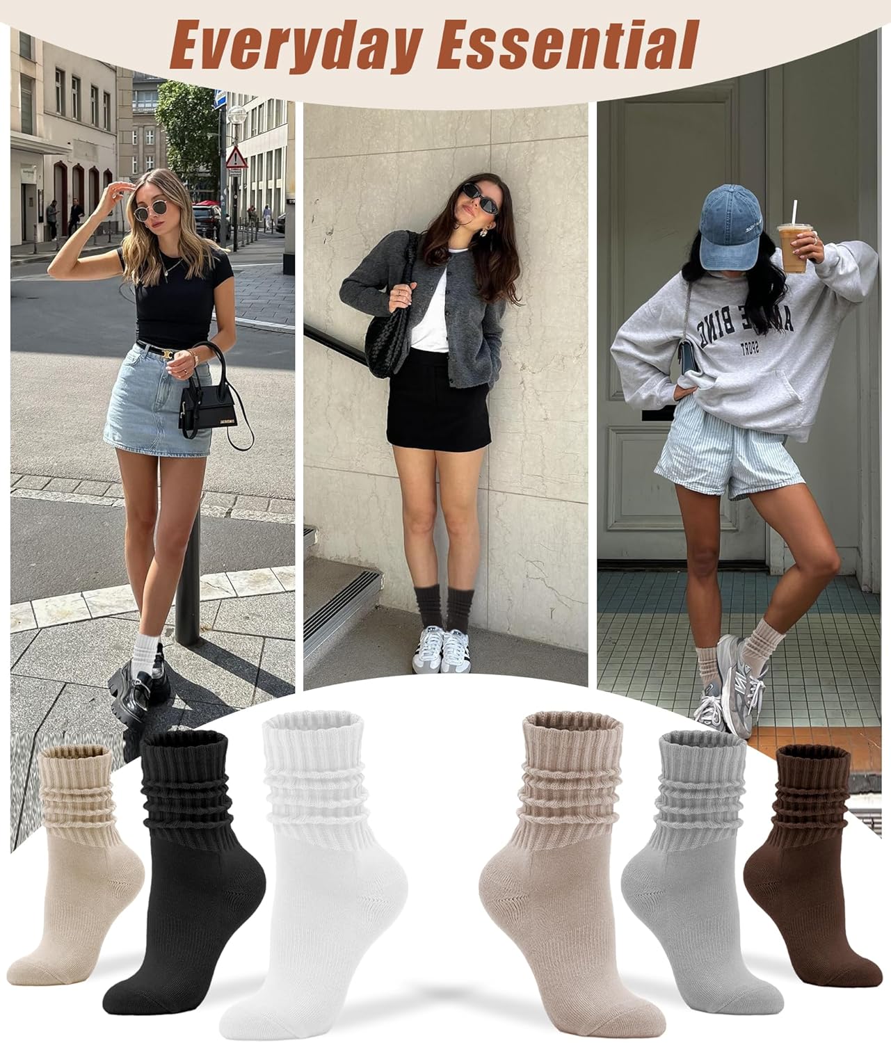 Women's Cute Scrunch Slouch Crew Socks 3Pack Retro Kawaii Chunky Ribbed Cotton Boot... - Image 6