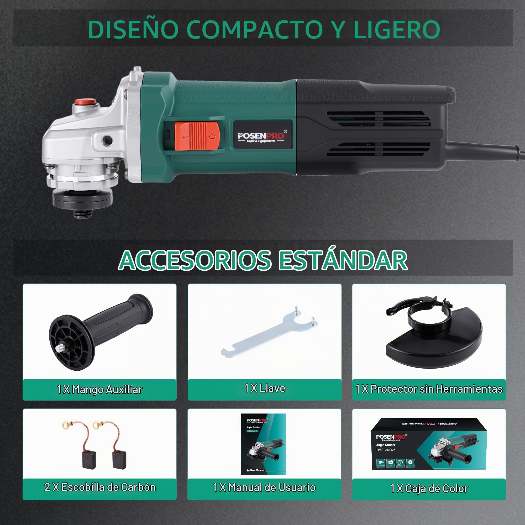 POSENPRO Amoladora Angular 1200W 125 mm, 3000-12.000 rpm, Cubierta de Liberación Rápida, Mango Auxiliar, 1,8 kg Ligera Radial para Corte y Pulir Metal, Madera, Cerámica y Piedra