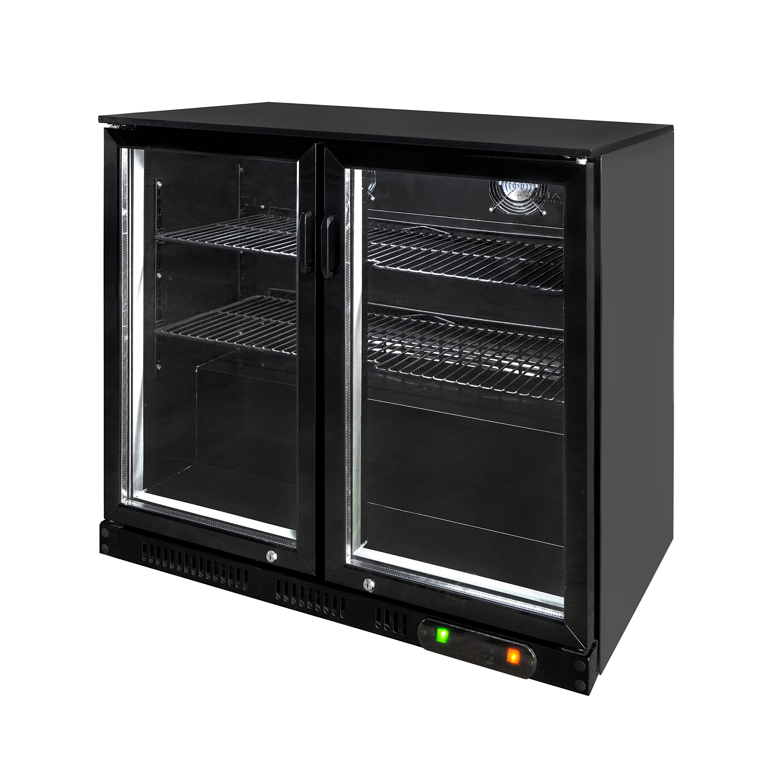 Under Counter Two (2) Doors Commercial Bottle Cooler, Low Noise Beverage Cooler, Black Stainless Steel, Small Refrigerator 220 Litres Net Capacity (Black), 1 Year Warranty
