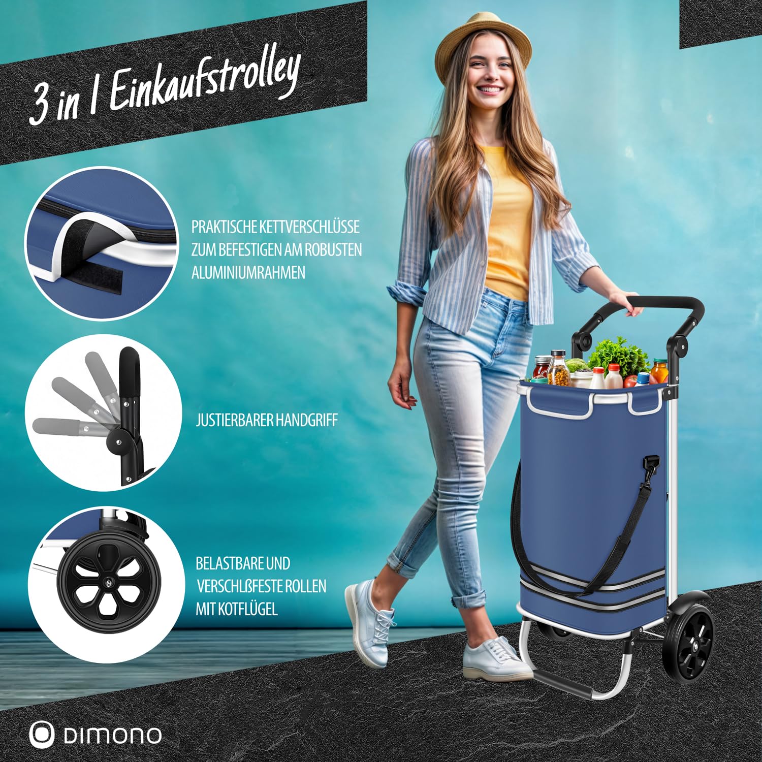 DIMONO® Einkaufstrolley klappbar, 56L Kühlfach, 30kg Tragkraft in Blau