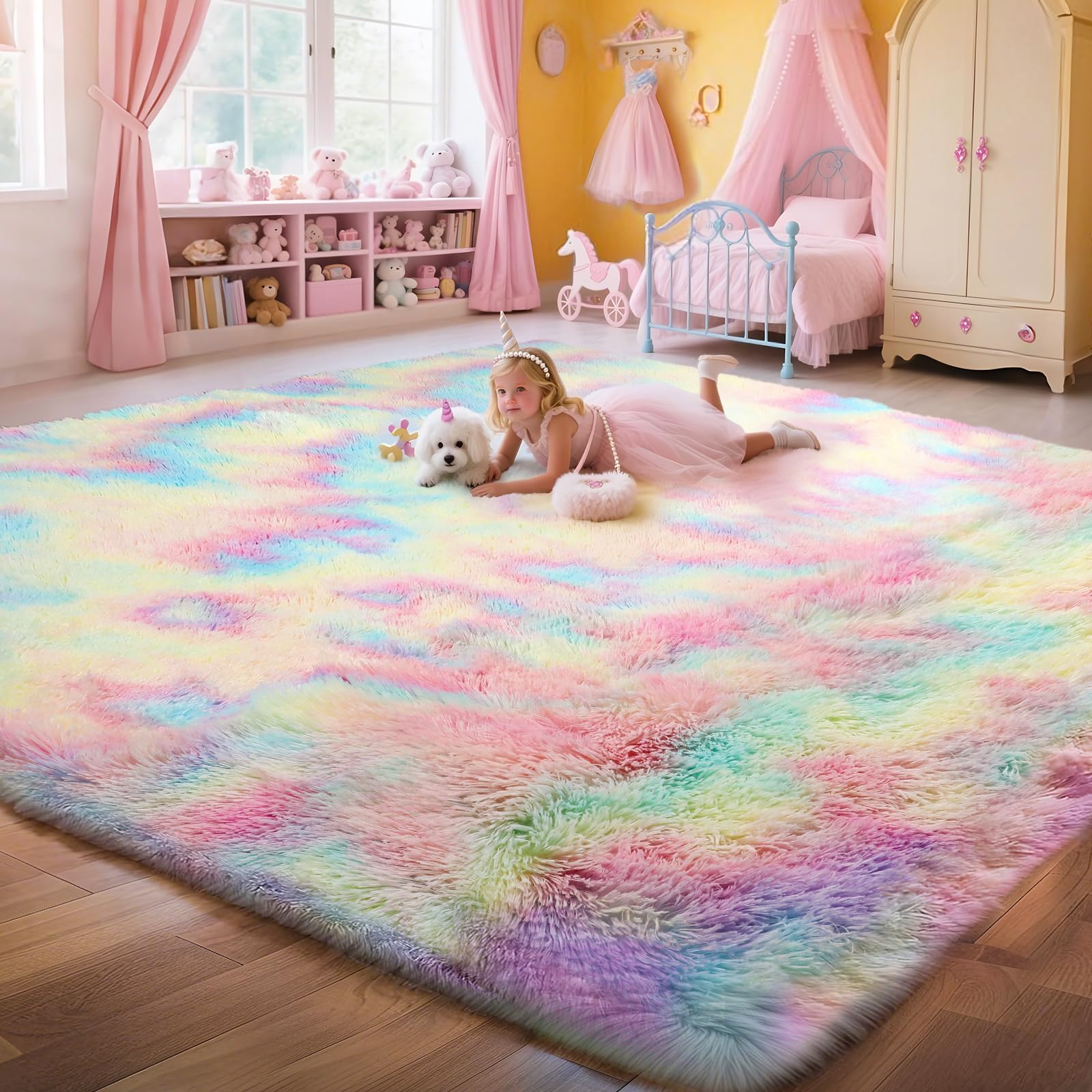 Untimaty Area Rugs Living Room Rug - 160x230cm Fluffy Shaggy Carpet for Kids Playroom Nursery Living Room, Thick Soft Plush Mat for Kids Baby Boys Teen Dorm Home Decor Aesthetic (Rainbow)
