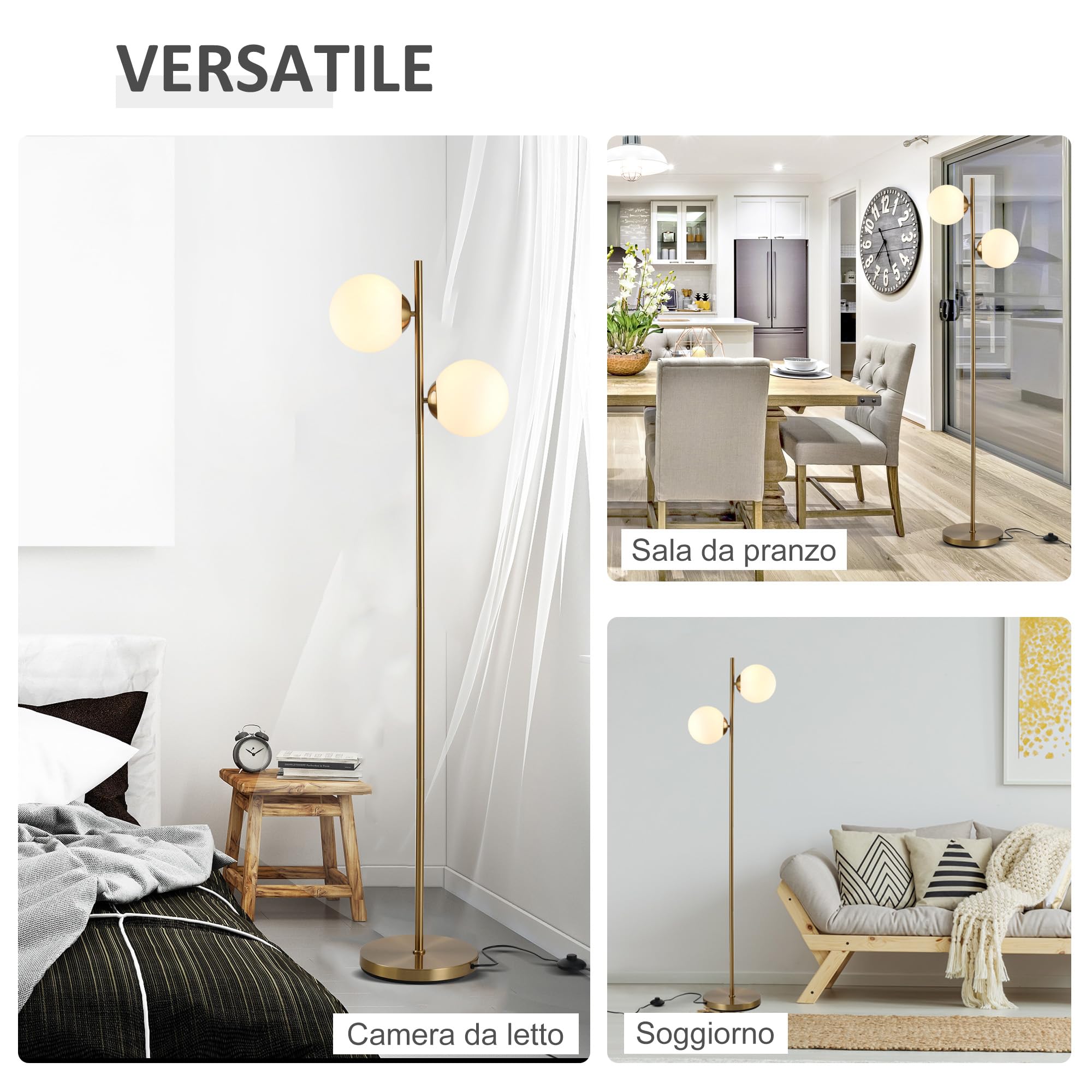 HOMCOM Lampada da Terra con 2 Luci e Paralumi a Sfera, Lampada a Piantana da Pavimento con Interruttore a Pedale, Attacco E27, 39x28x165 cm, Oro