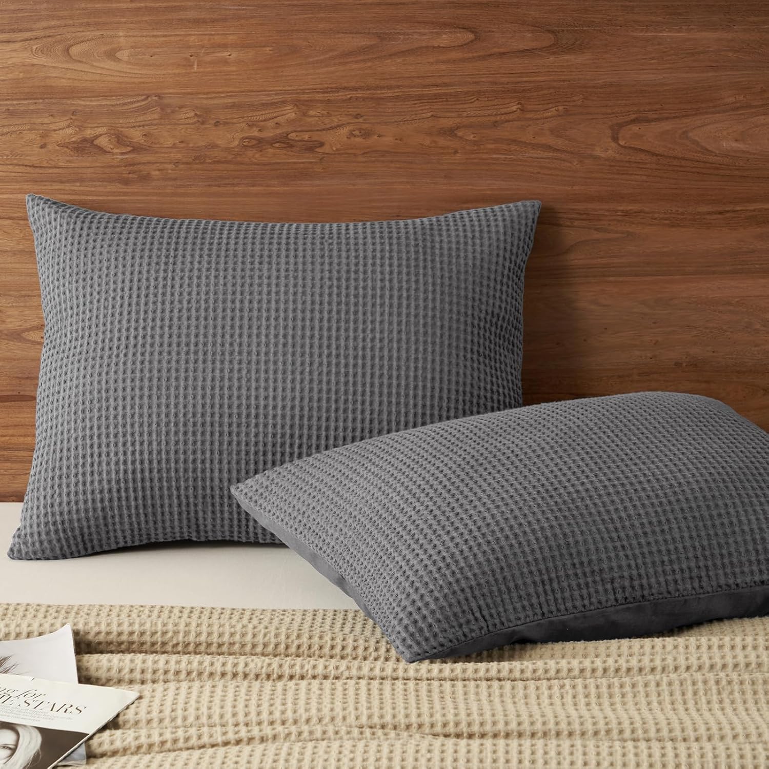 PHF 100% Cotton Waffle Pillow Shams Standard Size, 2 Pack 20" x 26" Soft Skin-Friendly and Breathable Pillowcases, No Filling, Aesthetic Woven Waffle Weave Pillow Covers for Bed, Charcoal Grey