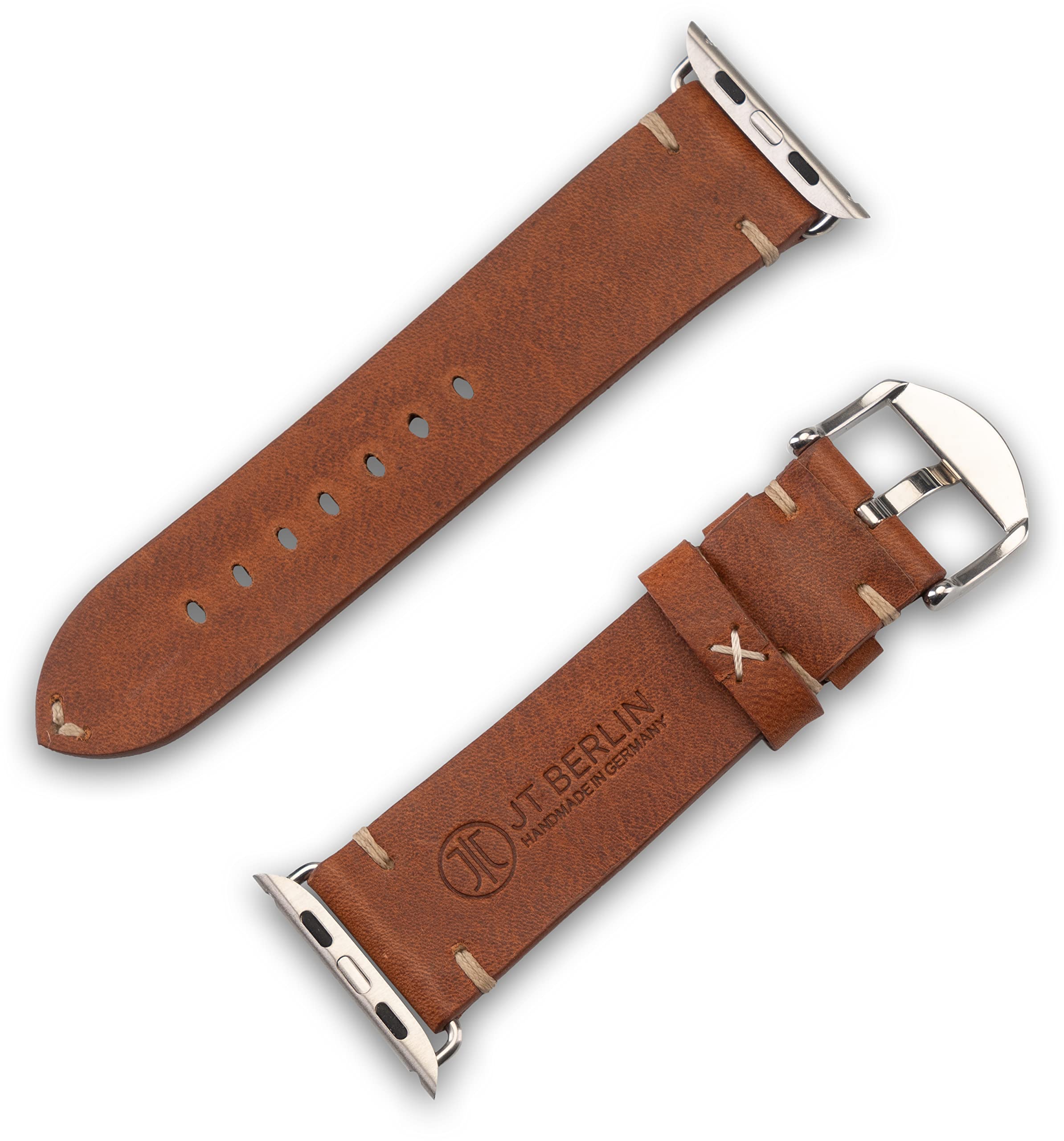 JT Berlin Watchband Alex II Vintage - Apple Watch Armband 45/44/42mm Leder | Echtleder Ersatzarmband für iWatch Ultra, 45mm, 44mm, 42mm - Handmade in Germany - Braun mit Edelstahl Dornschließe Silber