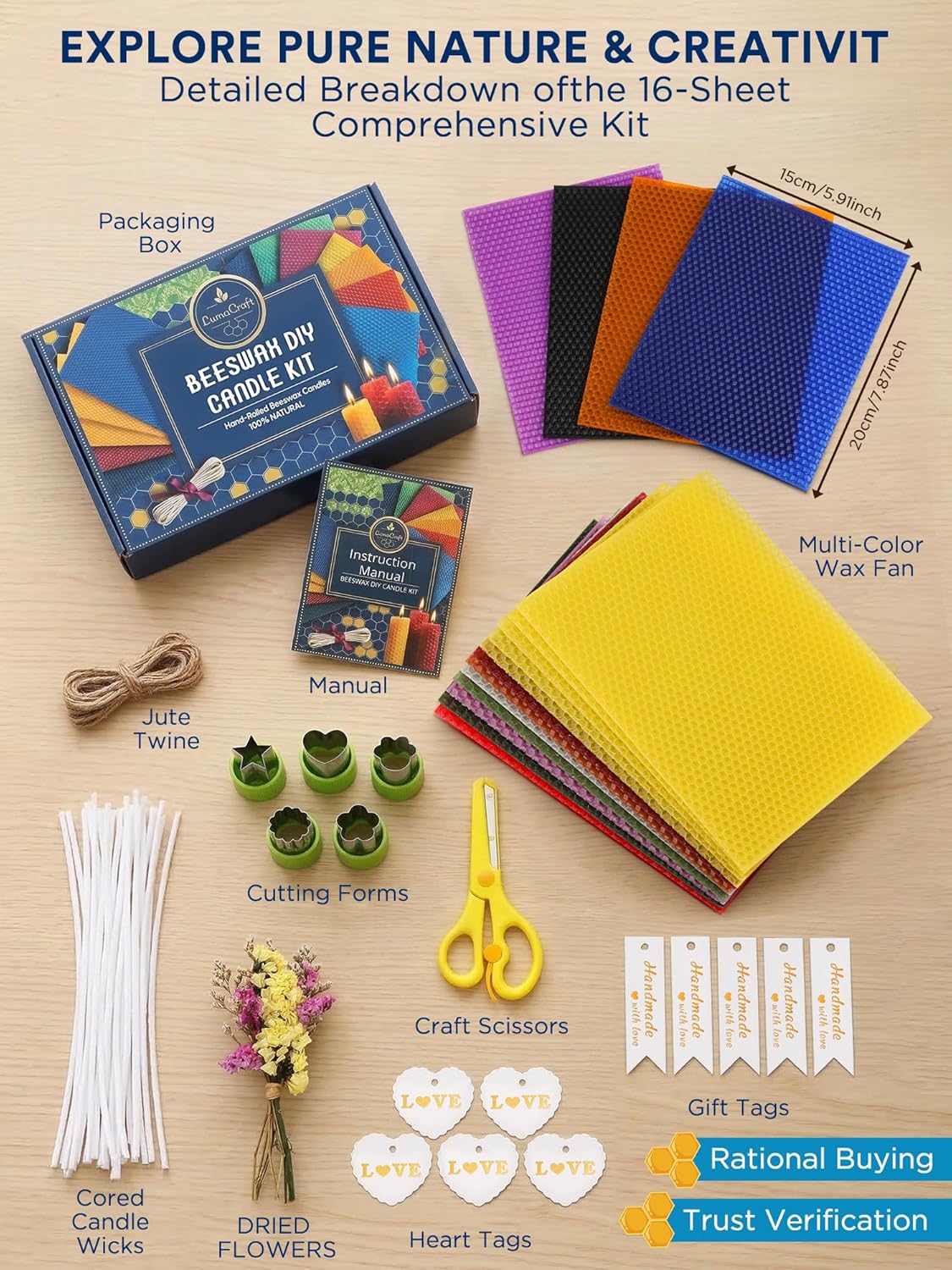 LumaCraft Beeswax Sheets for Candle Making Kit – 16PCS 100% Pure Natural Beeswax Candle Sheets for Rolling Candles – DIY Handmade Candle Making Kit for Family Holiday Party Gift Craft Decor