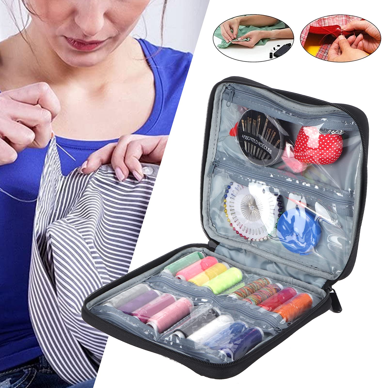 Mini kit de costura portátil, juego de arreglos de ropa de emergencia con 16 hilos y tijeras, suministros de costura compactos para uso doméstico, incluye bolsa de almacenamiento