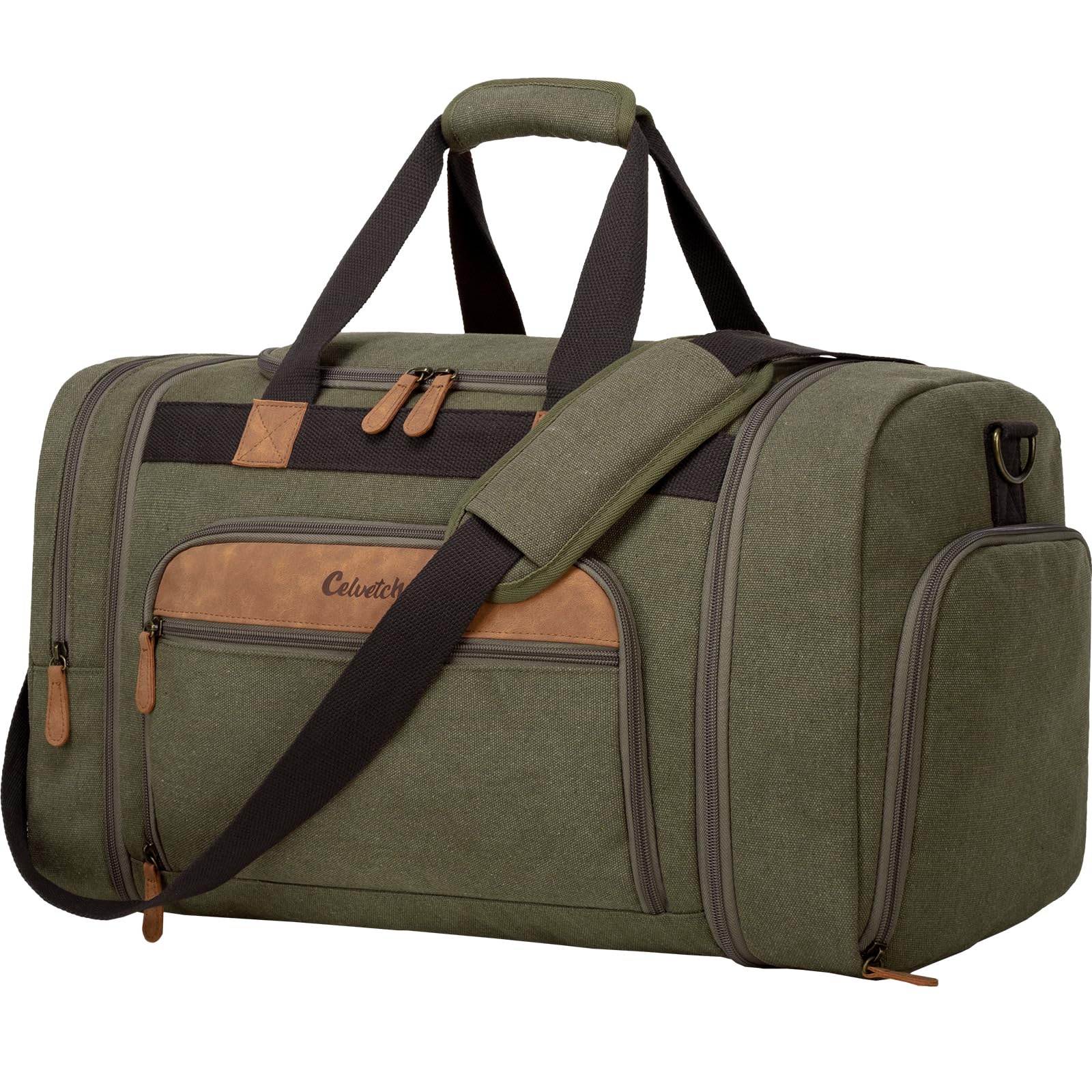 Celvetch Canvas Duffle Bag for Travel 50L Expandable Travel Duffel Bags for Men Women Weekender Overnight Bag with Shoes Compartment - Army Green