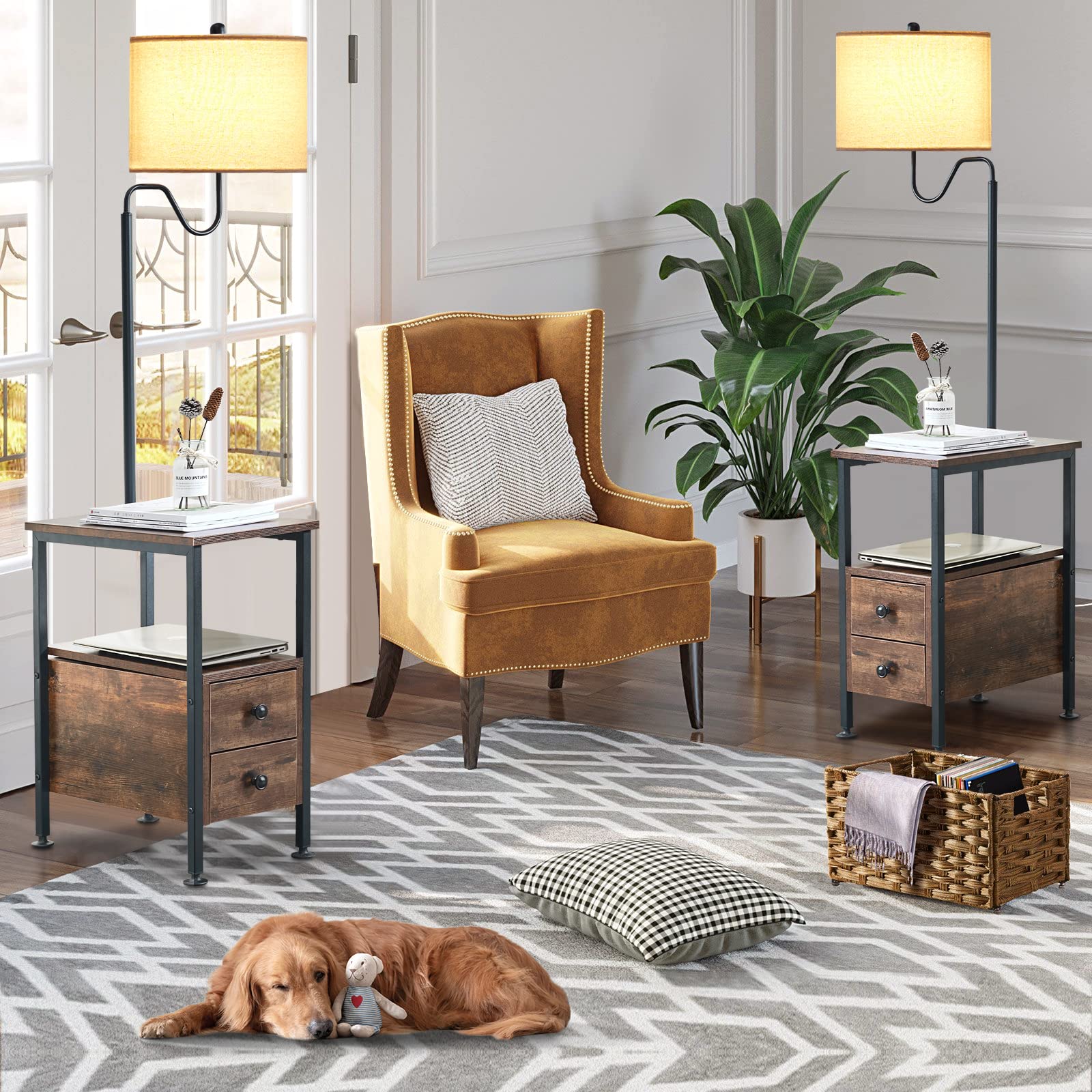 Dungoo 59" Floor Lamp with Table, Narrow End Table with Lamp Attached with USB & Type-C Ports and 2 Outlets, Rustic End Table with Storage Drawers, Bedside Nightstand for Living Room Bedroom