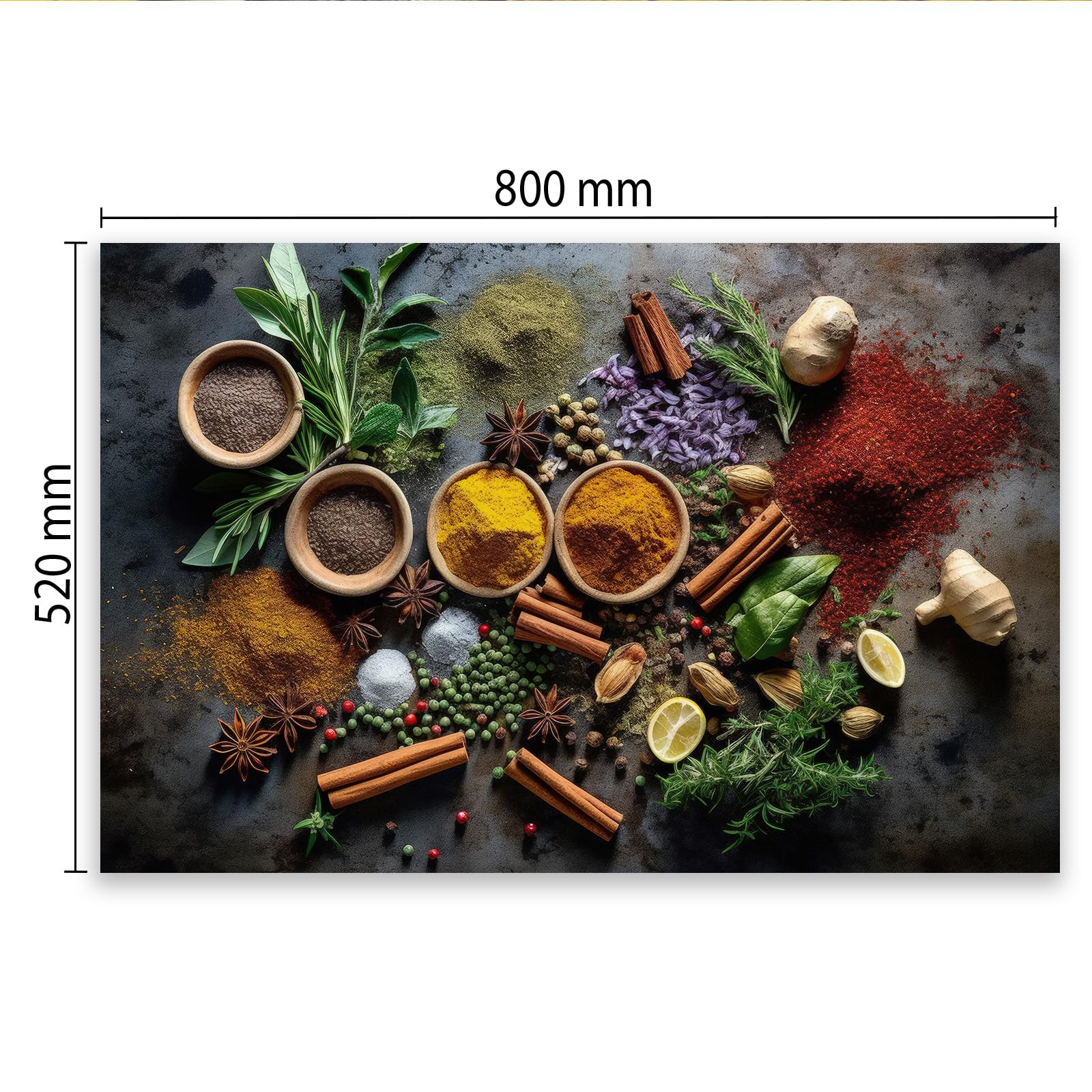 Herdabdeckplatte 80×52 cm – Mehr Arbeitsfläche, Spritzschutz & Schneidebrett – ESG Glas, kratzfest – für Induktion/Ceranfeld – 1-teilig, Motiv Kräuter Gewürze Orange