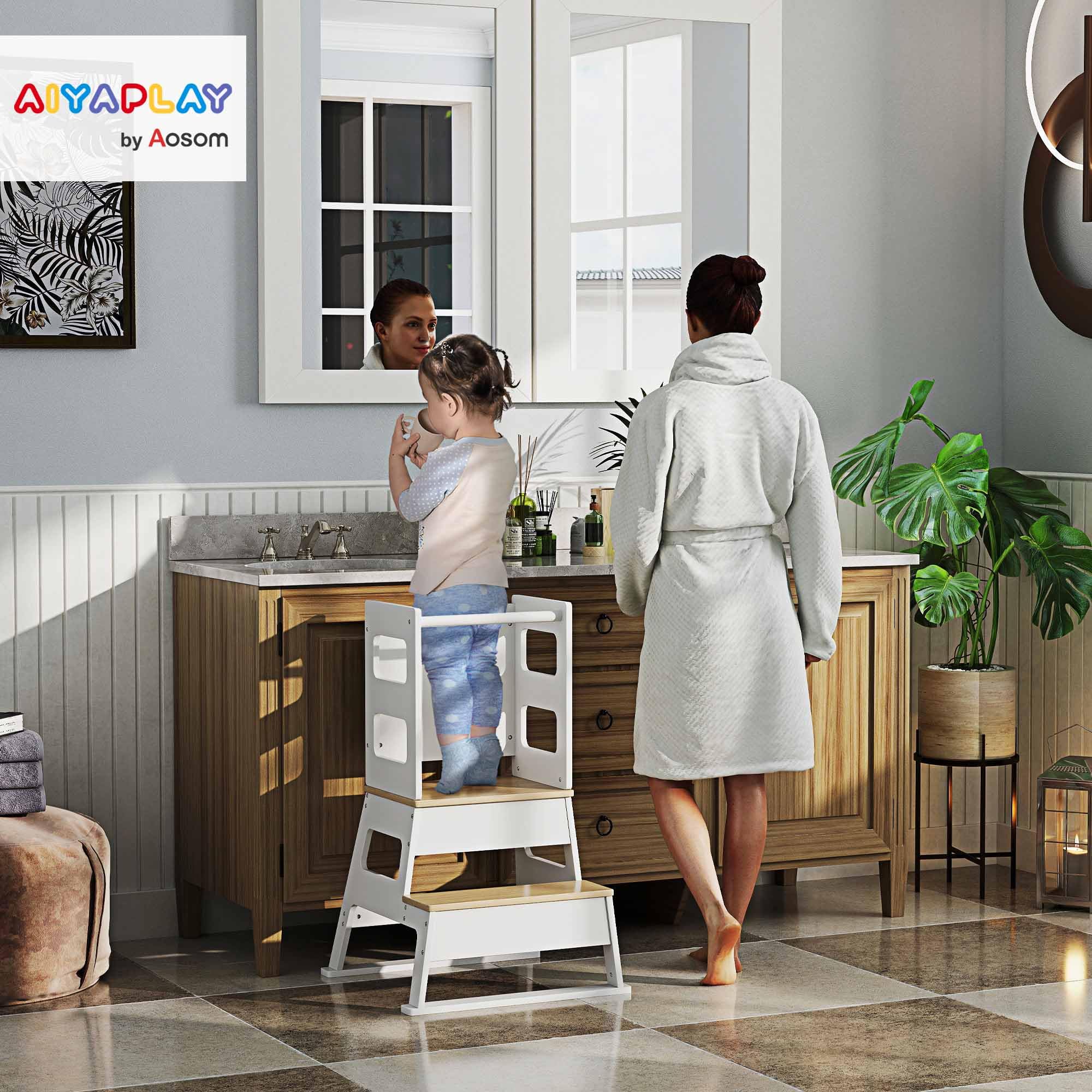AIYAPLAY Torre de Aprendizaje 2 en 1 Taburete de Aprendizaje para Niños de 3-6 Años con Pizarra y Barrera de Seguridad para Baño Cocina 55x52,5x87,5 cm Blanco